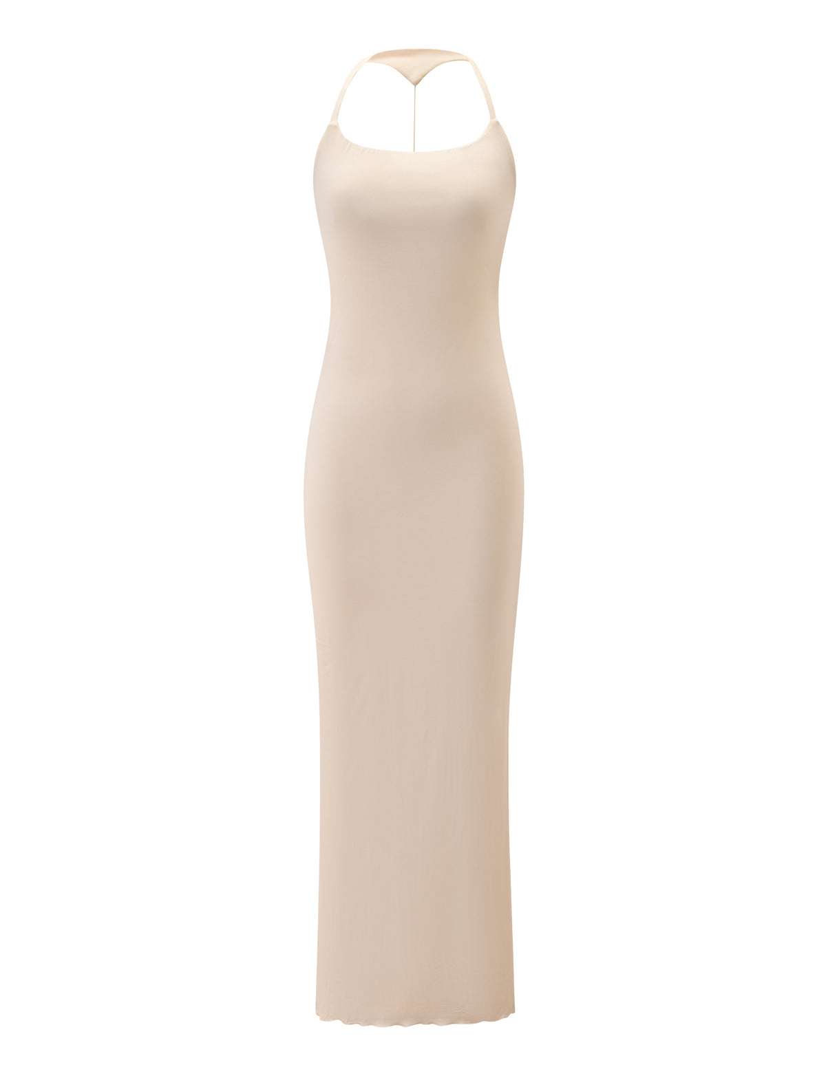 Cream-colored AVRA MAXI DRESS - CREAM featuring a scoop neckline, thin halter straps, and a racer back.