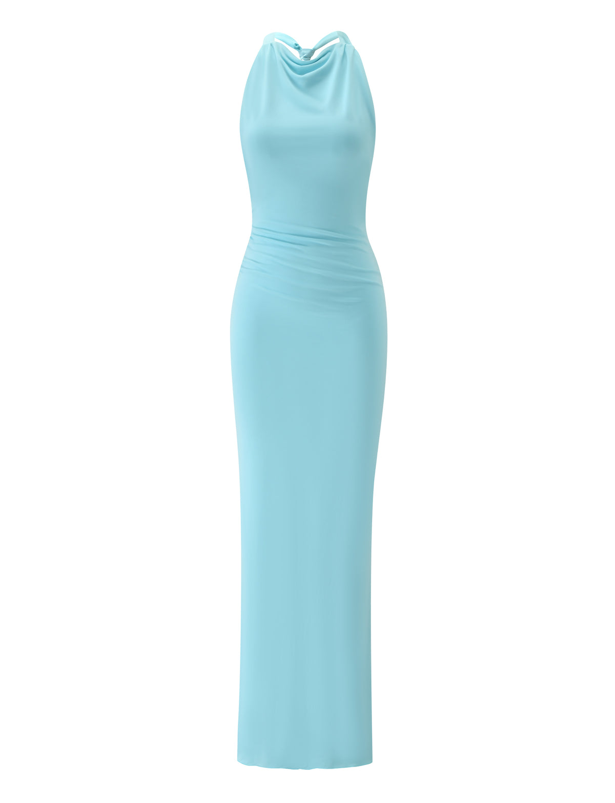 The RONI MAXI DRESS - AQUA by TIGERMIST is a sleeveless, bodycon, floor-length dress with a draped neckline—ideal for chic destination weddings and shown on a plain white background.