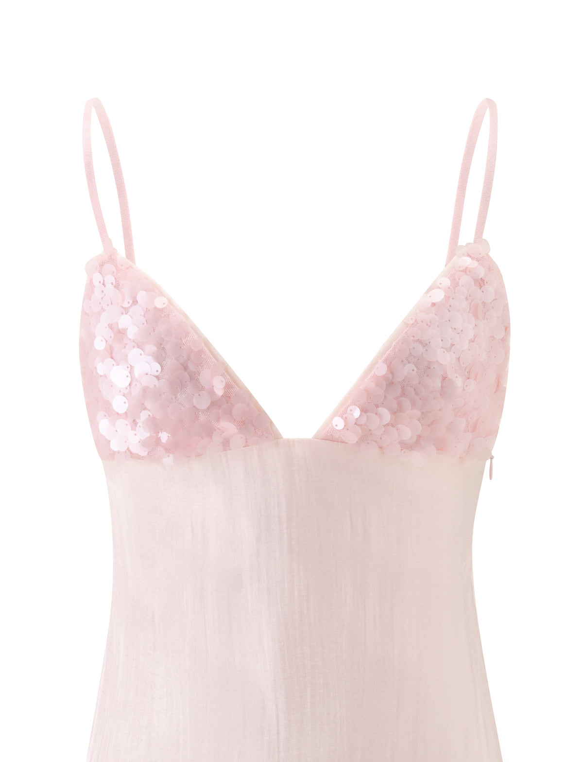 The TIGERMIST ELIZA MINI DRESS - PINK is a light pink mini dress featuring a sequined bodice, a flattering A-line flare silhouette, and thin spaghetti straps.
