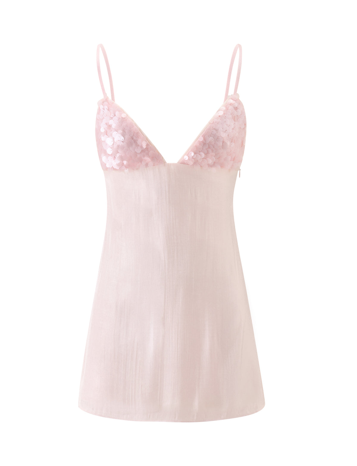 ELIZA MINI DRESS - PINK light pink mini dress with a V-neckline, sequined cups, thin spaghetti straps, and an A-line flare silhouette.