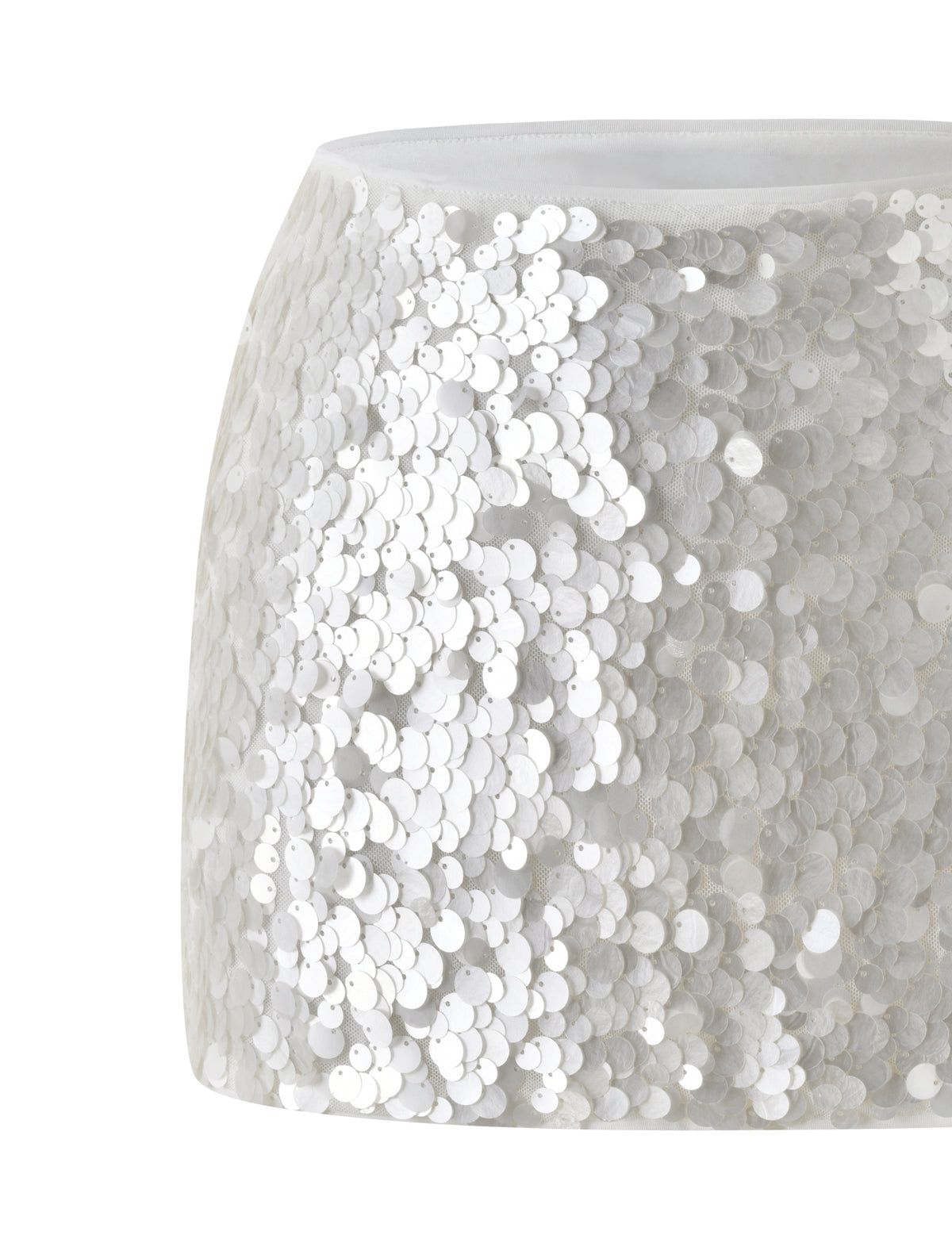 SOLARE MINI SKIRT - IVORY: An ivory mini skirt covered in overlapping circular faux shell sequins.