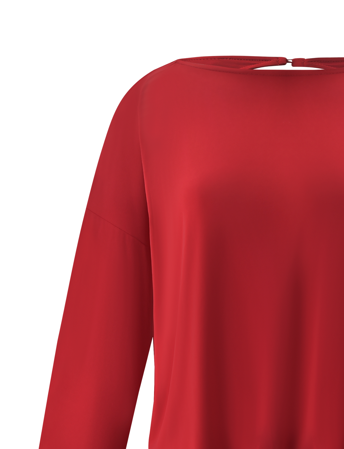 Close-up of the TIGERMIST BIANCA MINI DRESS in red, featuring long sleeves and a keyhole neckline detail, displayed on a white background. Only the upper torso and shoulders of the dress are visible.