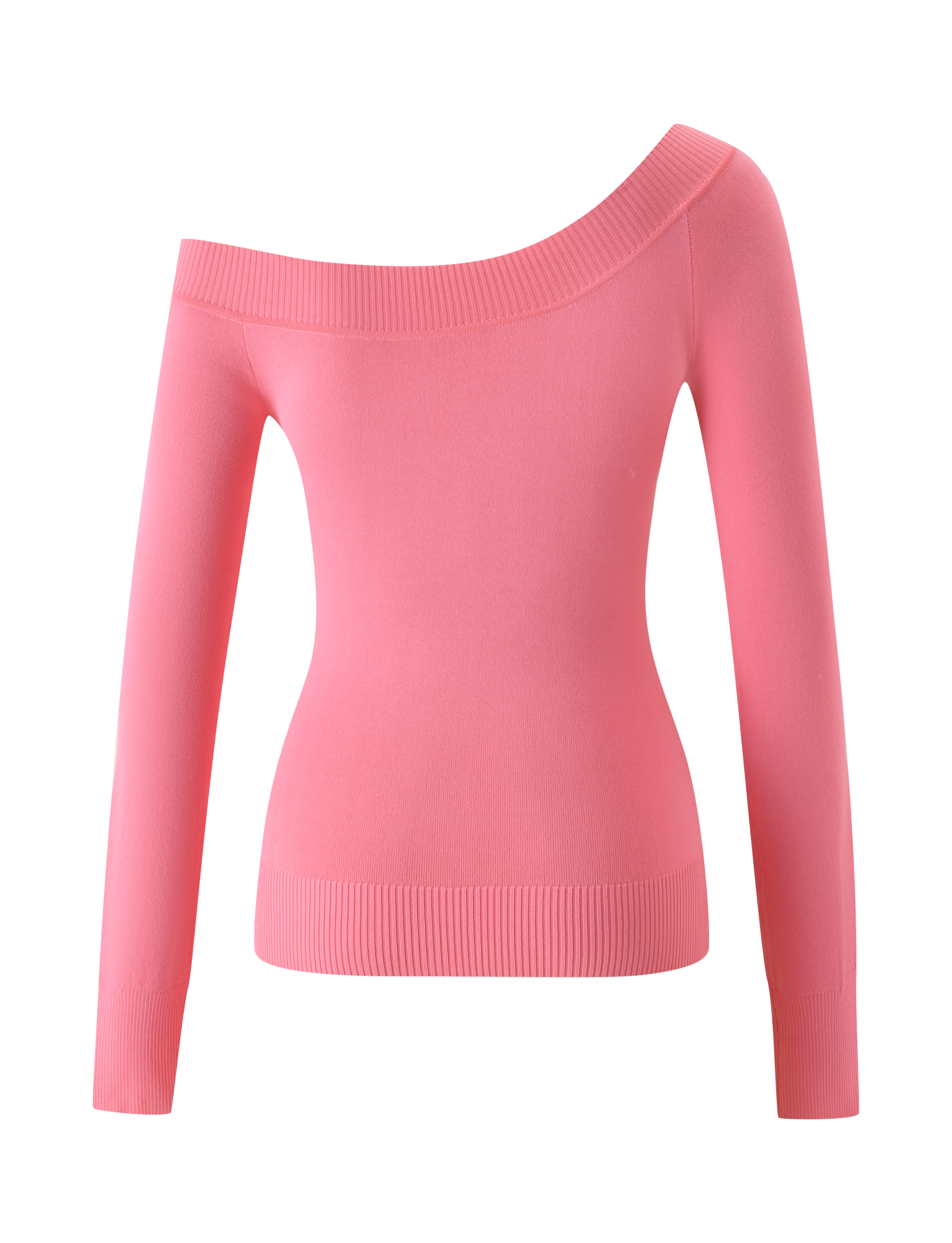 A long-sleeve, coral PARKER KNIT TOP by TIGERMIST with an off-the-shoulder design, ribbed cuffs and hem, and a flattering bodycon fit, displayed on a plain white background.