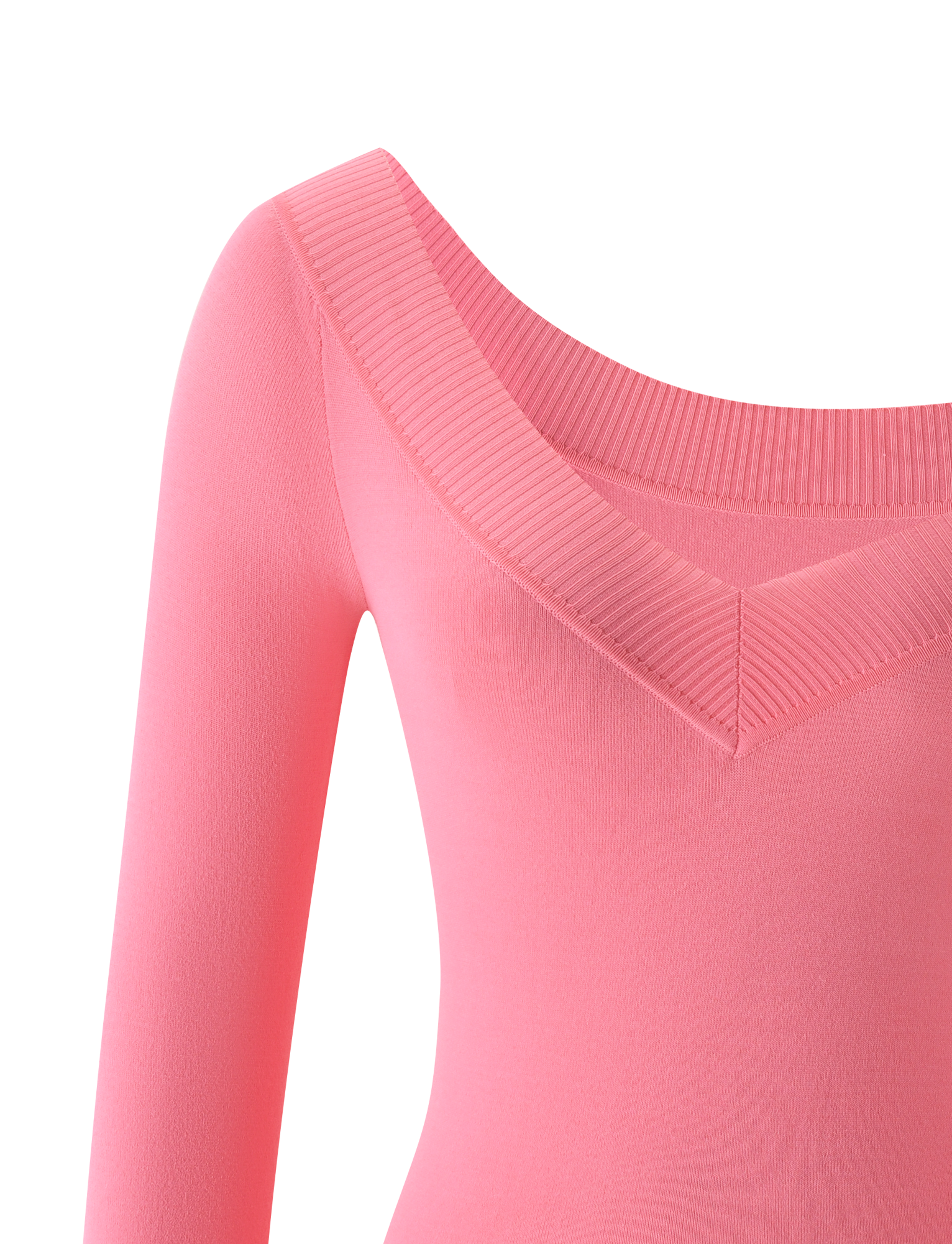 Close-up of the TIGERMIST PARKER KNIT TOP in coral, showcasing its wide ribbed V-neckline, long sleeves, and bodycon fit against a plain white background.