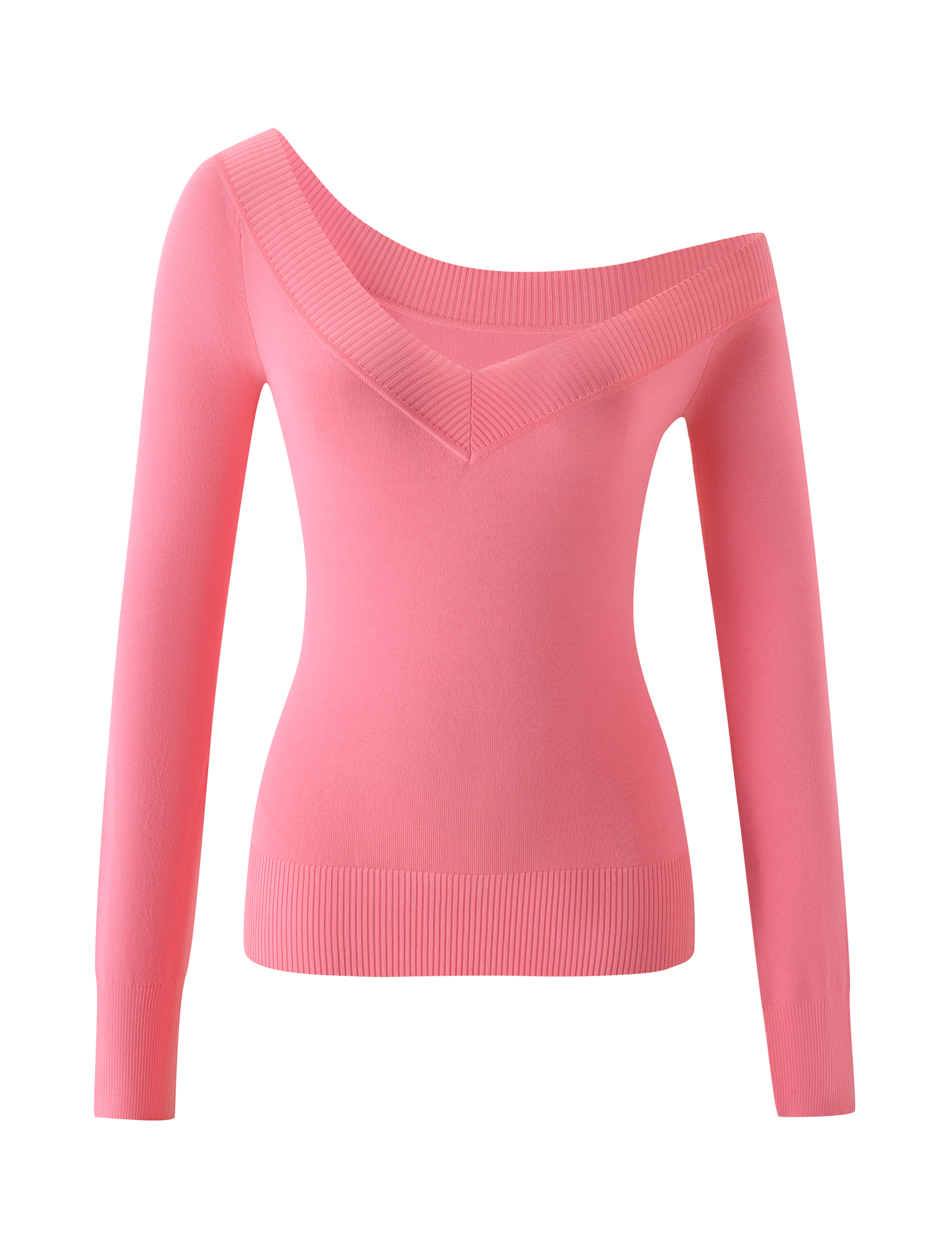 The PARKER KNIT TOP by TIGERMIST is a coral, bodycon-fit, off-the-shoulder sweater featuring a wide V-neckline with ribbed cuffs and hem, shown against a plain white background.