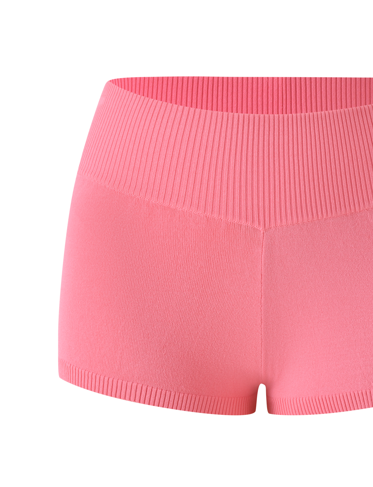 The TIGERMIST PARKER KNIT MICRO SHORT in coral is a bright pink, bodycon-fit short crafted from fine knit fabric. Featuring a wide ribbed waistband and ribbed hem, these fitted and stretchy shorts are perfect for athletic or casual wear. Shown against a plain white background.