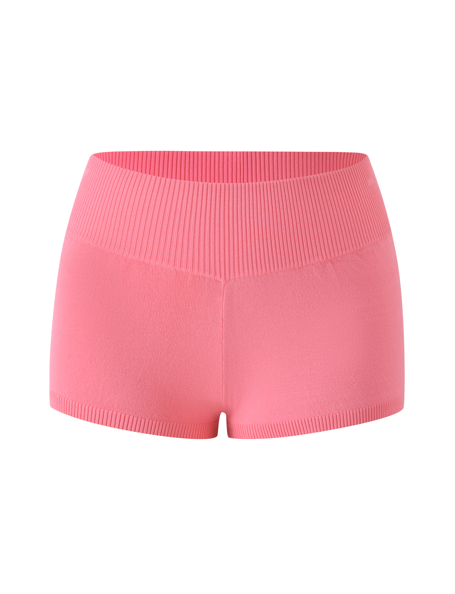 The TIGERMIST PARKER KNIT MICRO SHORT - CORAL features a vibrant coral hue and a bodycon fit, with a ribbed waistband for added comfort. Shown from the front against a plain white background, these micro shorts are crafted from fine knit fabric for a seamless look.