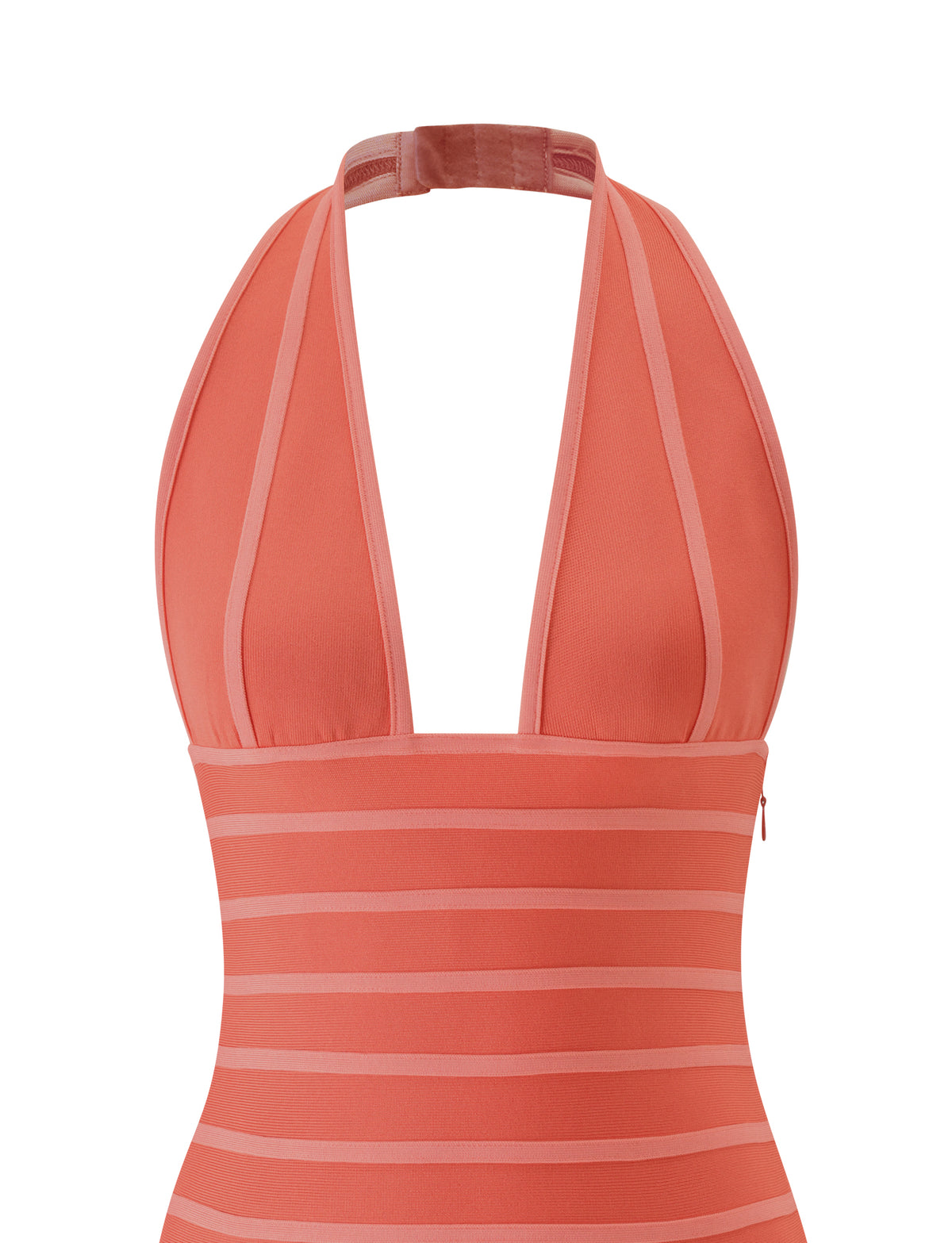 The BRIGIT BANDAGE MINI DRESS in coral by TIGERMIST features wide straps and horizontal sheer stripes across the bodice, creating an effortlessly elegant look perfect for resort wear. With its plunging neckline and secure clasp closure at the neck, this mini dress combines vacation-ready style with modern sophistication.