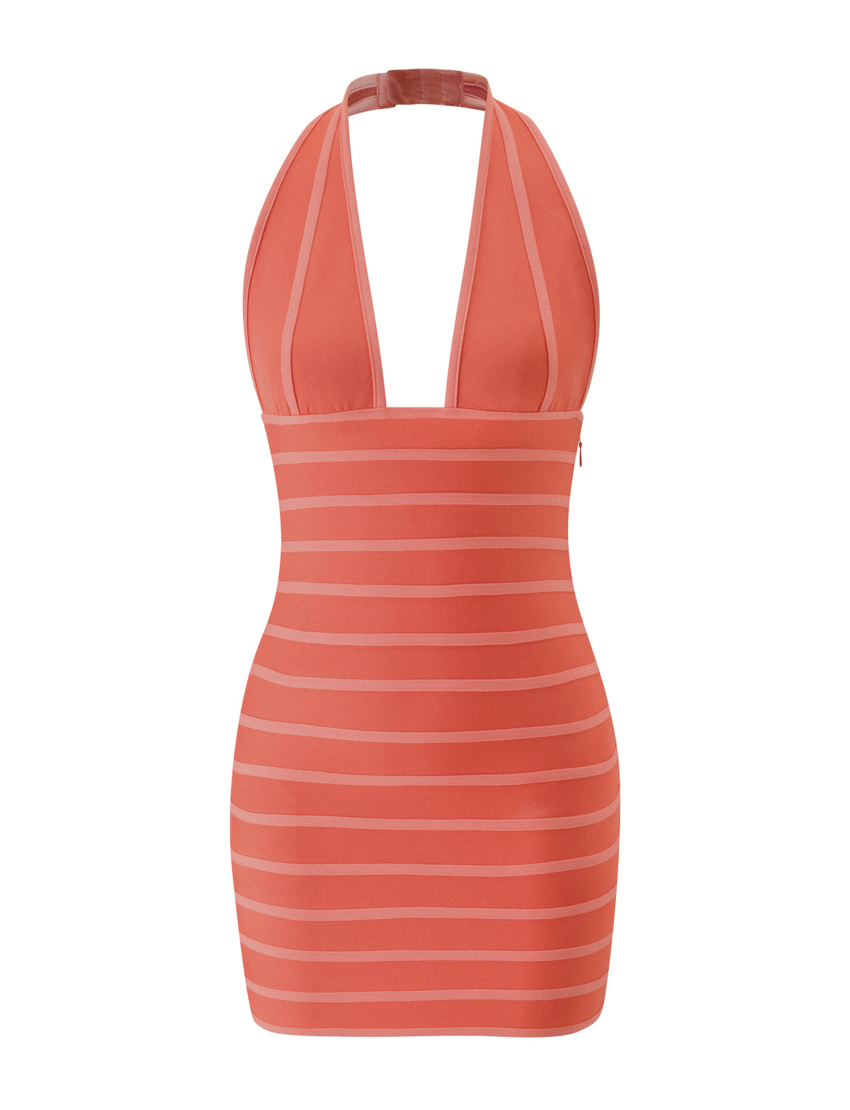 The BRIGIT BANDAGE MINI DRESS - CORAL by TIGERMIST is a sleeveless halter neck mini dress featuring horizontal sheer stripes and a flattering silhouette, showcased on a plain white background—ideal for chic resort wear.