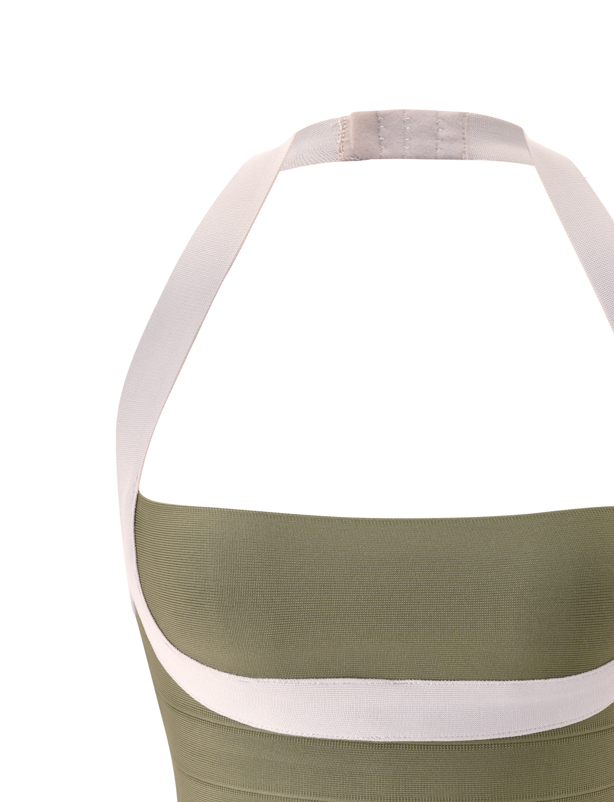 Close-up of the upper back of the TIGERMIST ELEANOR BANDAGE TOP in olive and ivory, featuring a wide white halter strap at the neckline and a flattering bodycon fit, set against a plain white background.