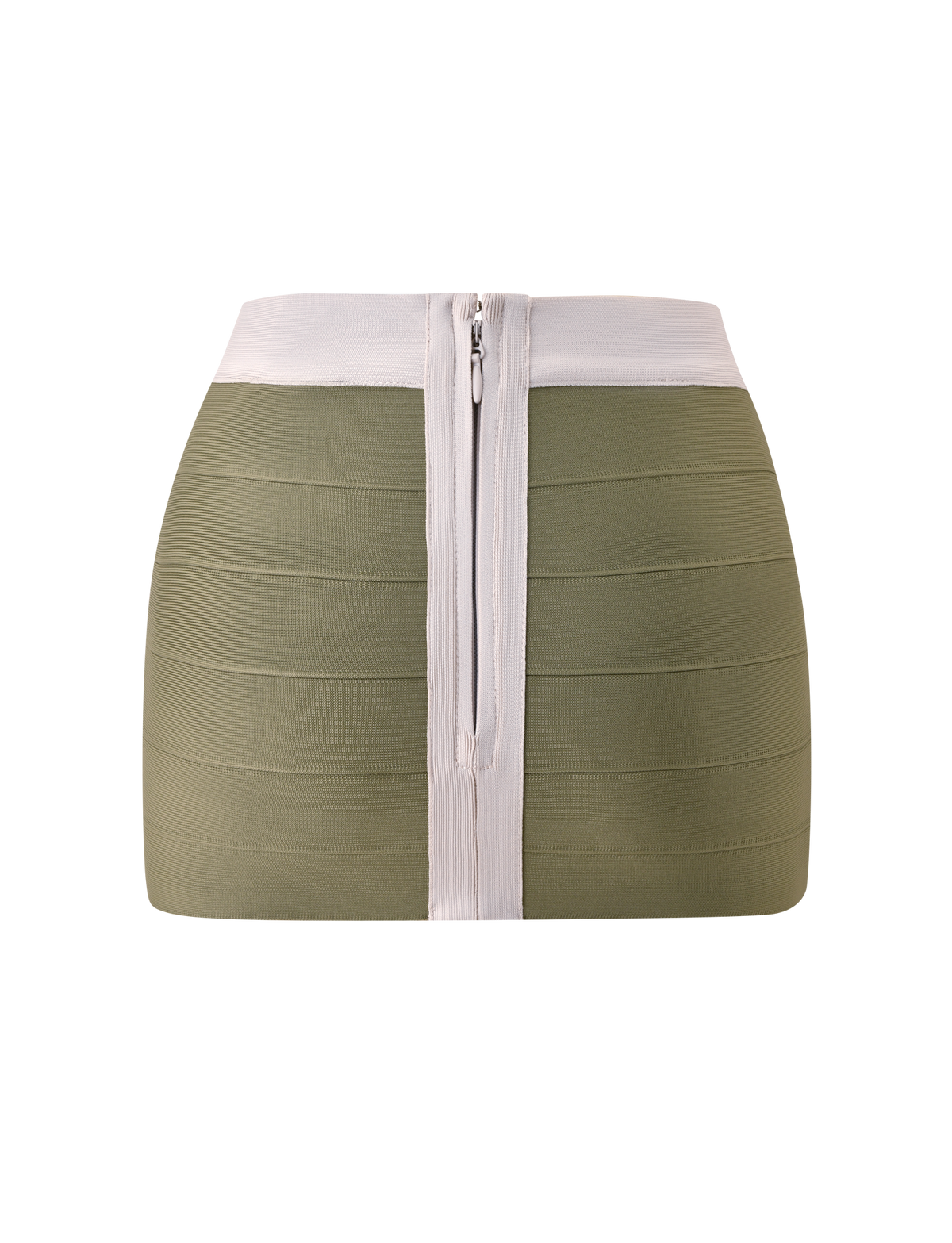 Introducing the TIGERMIST ELEANOR BANDAGE MINI SKIRT in Olive and Ivory—a short, fitted mini skirt featuring horizontal ribbed detailing, a contrasting wide ivory waistband and vertical stripe, and a visible front zipper for a sleek bodycon silhouette.