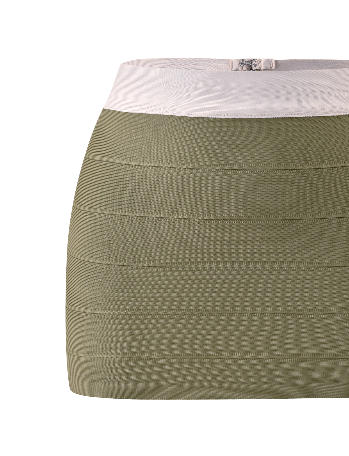 A close-up of the TIGERMIST ELEANOR BANDAGE MINI SKIRT in olive and ivory, featuring a ribbed, bodycon fit with a wide light beige (ivory) waistband and a small decorative accent at its center. The low-rise mini skirt’s modern and flattering silhouette is enhanced by the olive green hue contrasted with the ivory waistband.