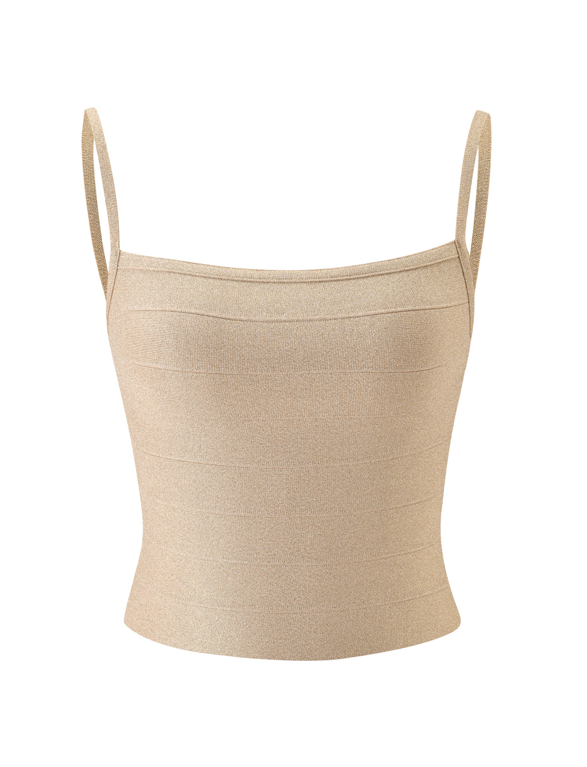 MIDORI BANDAGE TOP - GOLD SPARKLE, a shimmery sleeveless bandage tank top with thin spaghetti straps, a square neckline, and a bodycon fit.