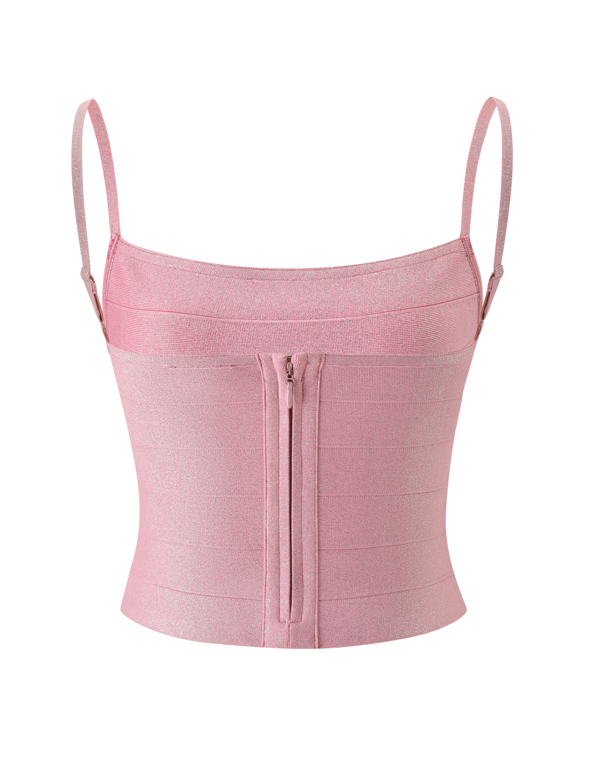 A sparkly pink MIDORI BANDAGE TOP - PEACH SPARKLE in a bodycon, bandage-style crop fit with thin spaghetti straps and a central front zipper.