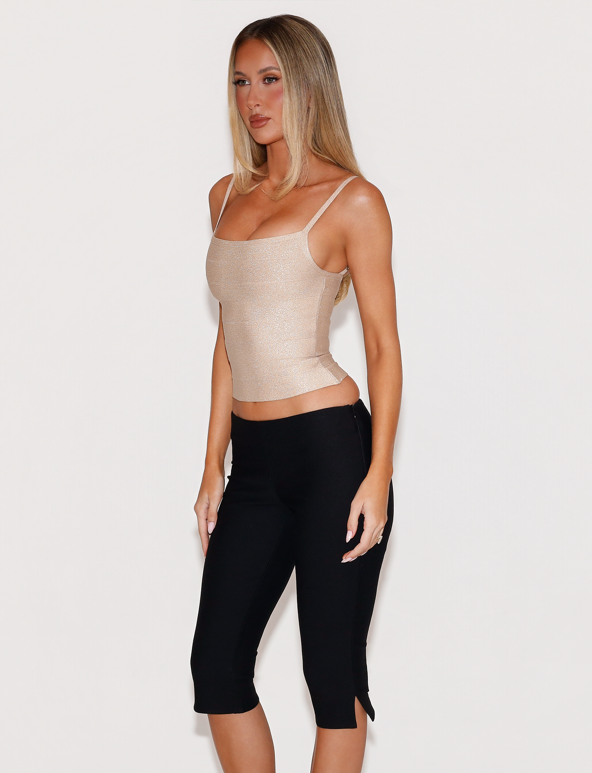 Tiger Mist Midori Shimmer Bandage Top in Gold Sparkle styled on a model, fourth angle