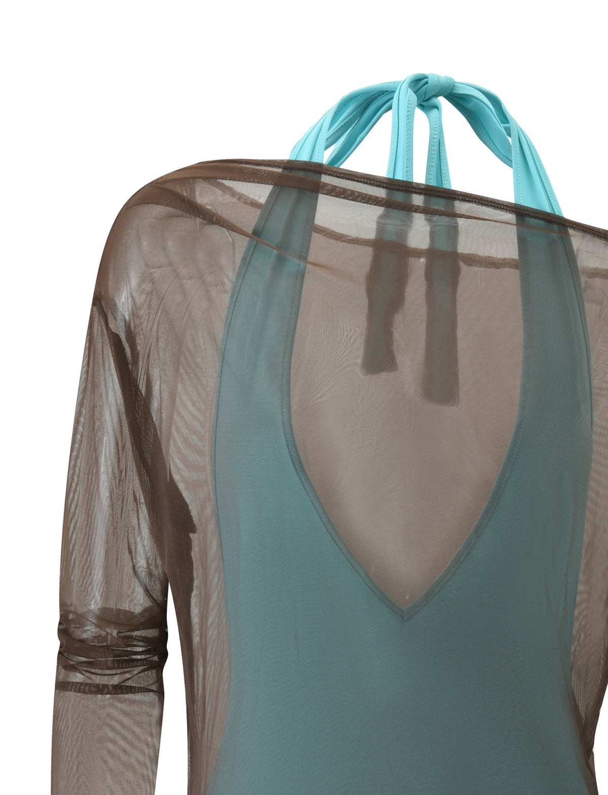 The ELSEY TWO PIECE MINI DRESS - CHOCOLATE AND AQUA features a chocolate brown mesh overlay top worn over a sleeveless aqua bodycon dress with halter neck ties.