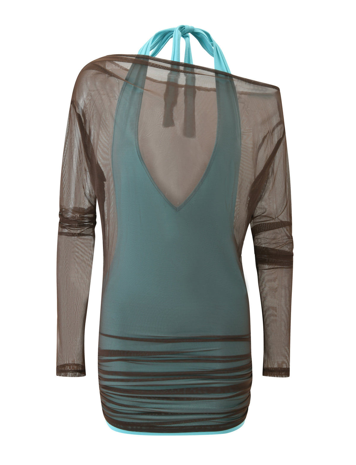 ELSEY TWO PIECE MINI DRESS - CHOCOLATE AND AQUA featuring a chocolate brown mesh long-sleeve top layered over a teal bodycon mini dress.