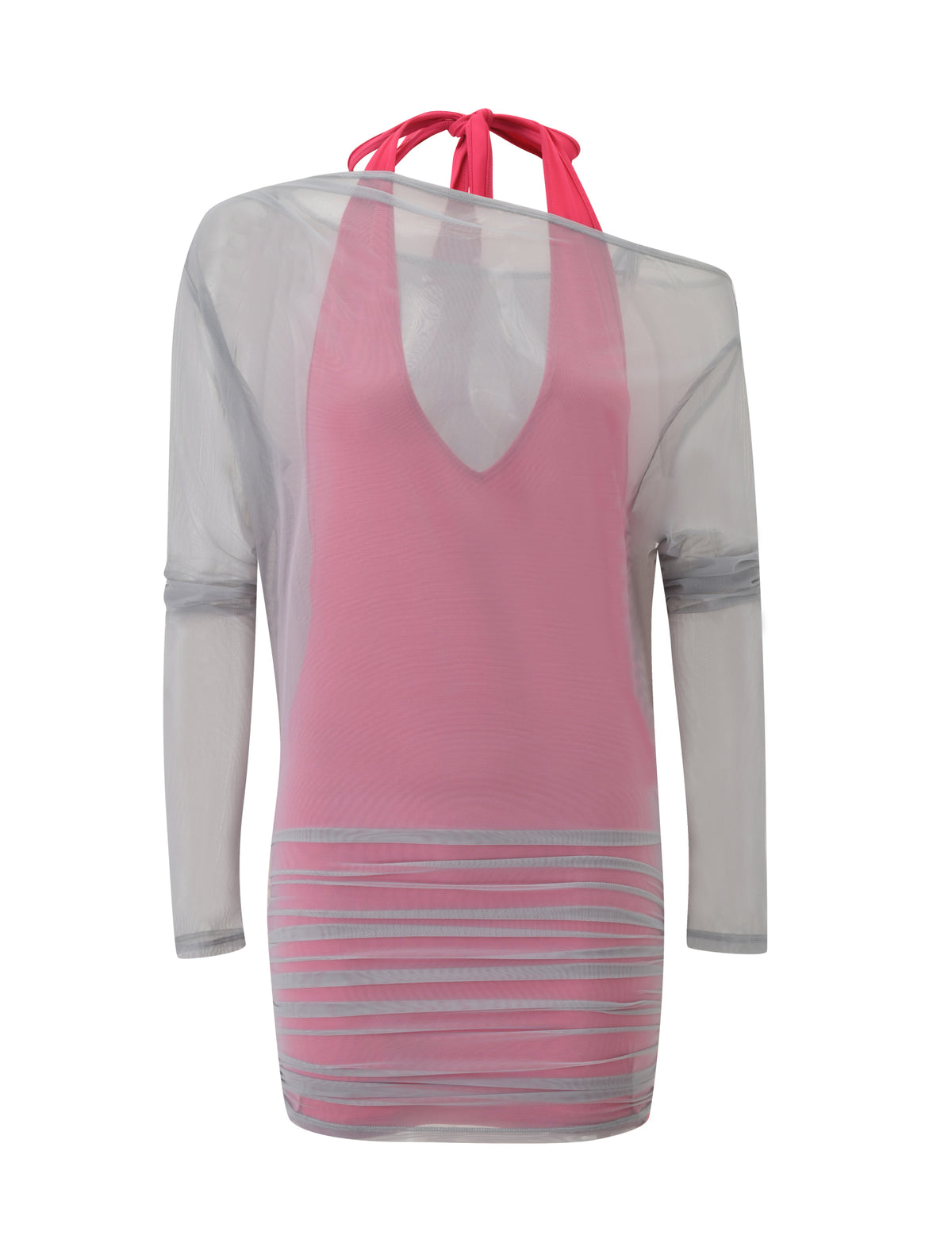 TIGERMIST ELSEY TWO PIECE MINI DRESS - GREY AND PINK: A pink bodycon mini dress with a halter neckline worn under a sheer, off-the-shoulder grey long-sleeve mesh overlay.