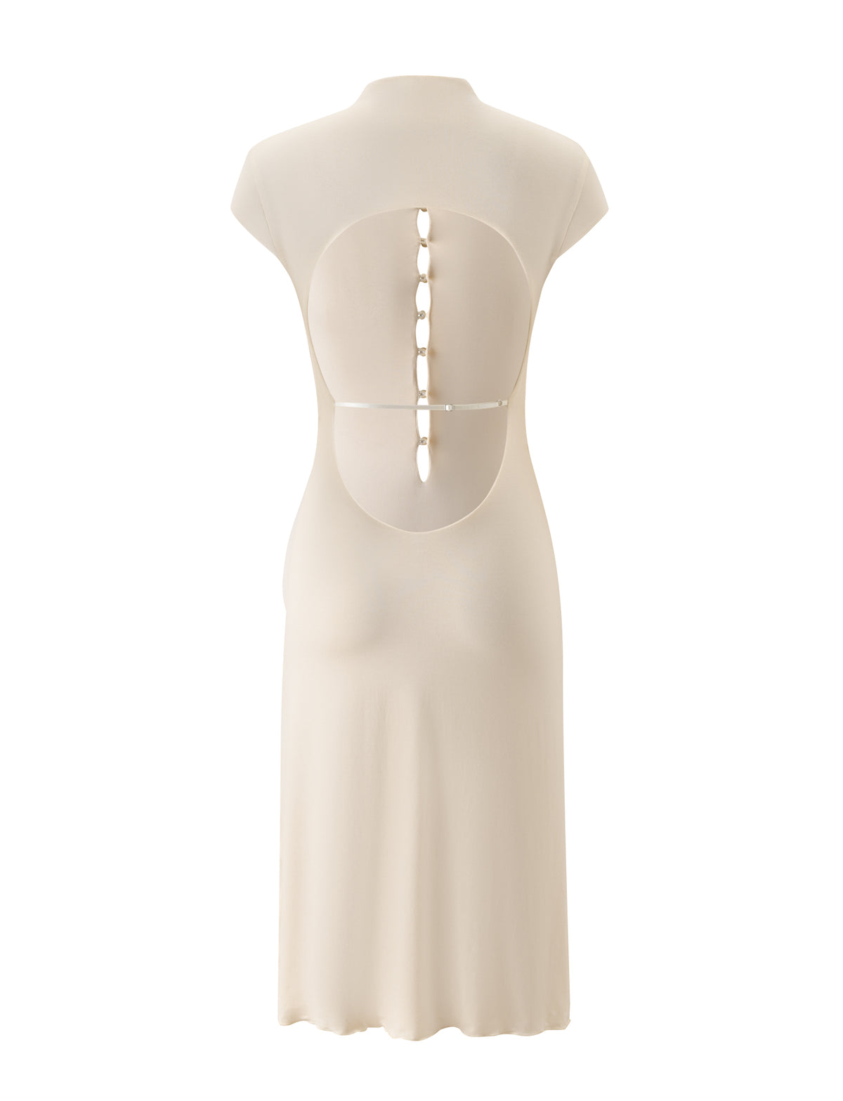 Cream MARCI MIDI DRESS in an A-line silhouette with cap sleeves and a large circular open back cutout, featuring a vertical row of buttons and a thin horizontal strap across the opening.