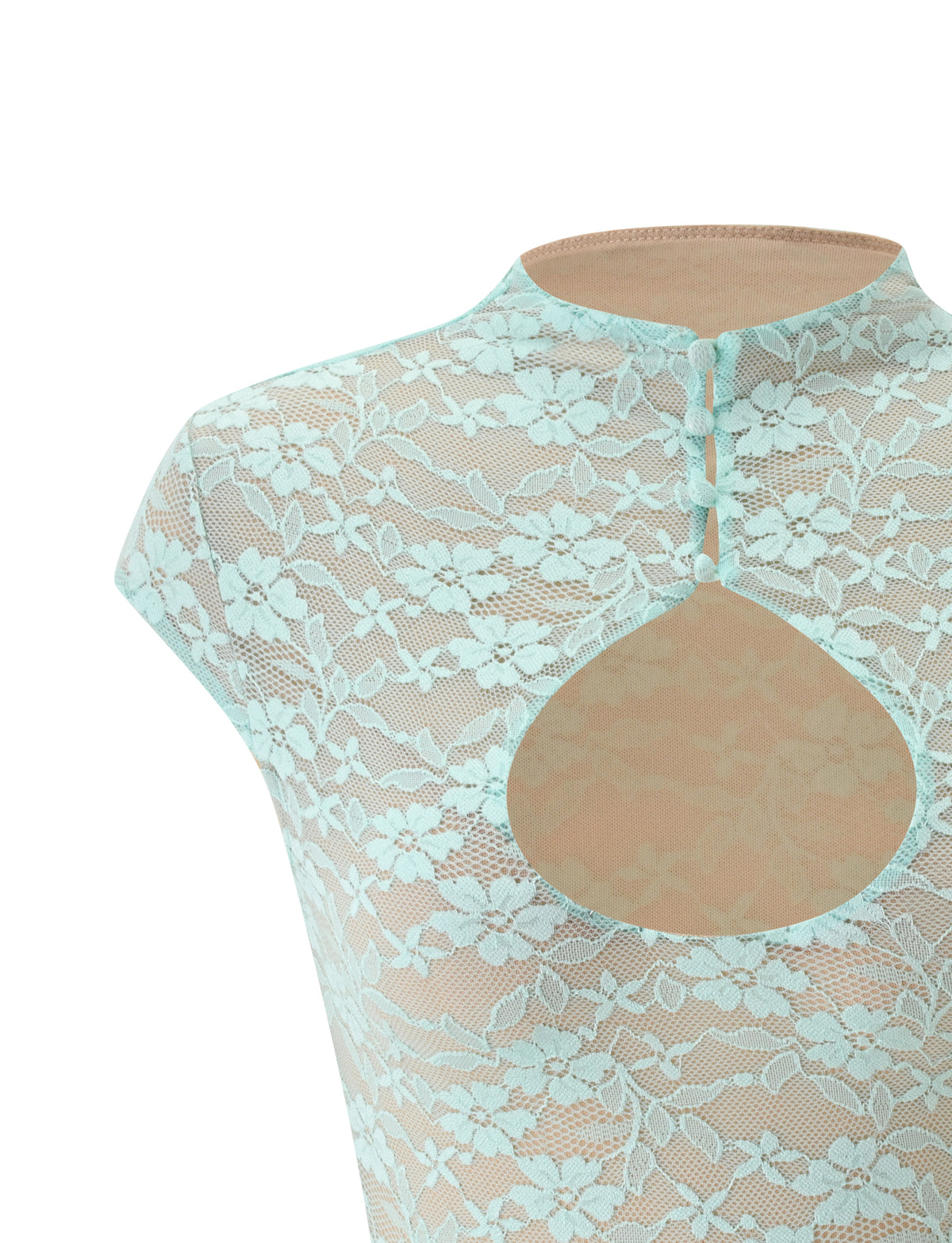 KINLEY TOP - MINT: light mint green high-neck lace top in a bodycon fit with a back teardrop cutout and button closure.