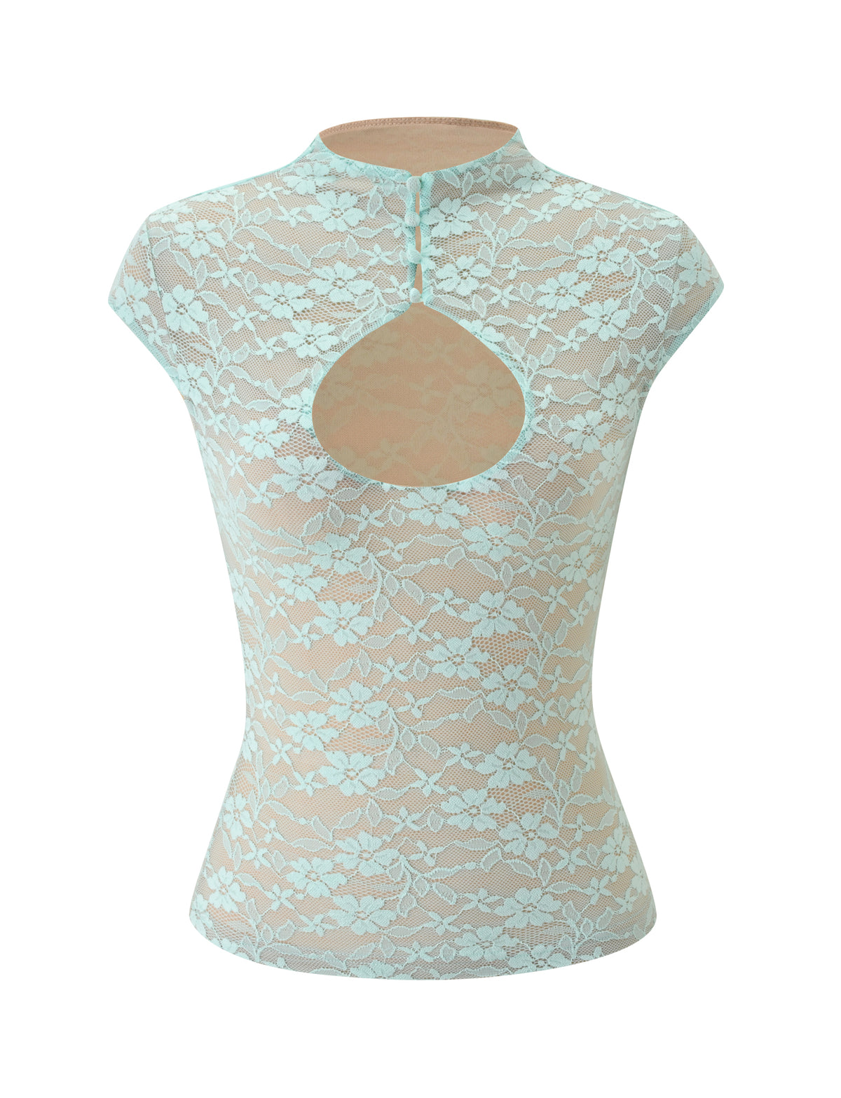 Mint green KINLEY TOP - MINT featuring a high neck, lace fabric, cap sleeves, a button closure, and a teardrop-shaped back cutout.