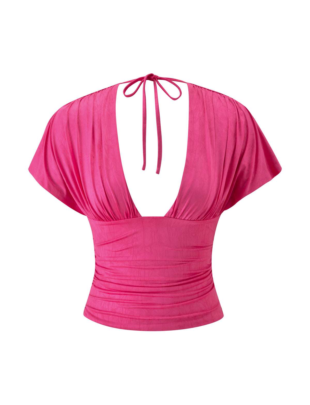 LORELAI TOP - FUCHSIA: a short-sleeve top in fuchsia with a plunging V-neckline, ruched waist, and a tie closure at the back.