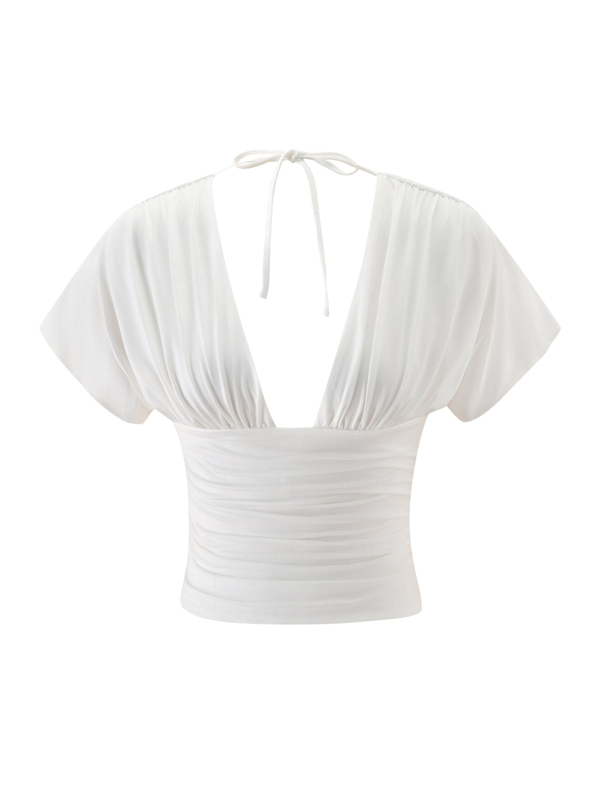 LORELAI TOP - IVORY jersey top featuring a plunging V-neckline, a fitted ruched waist, short sleeves, and a tie closure at the back of the neck.