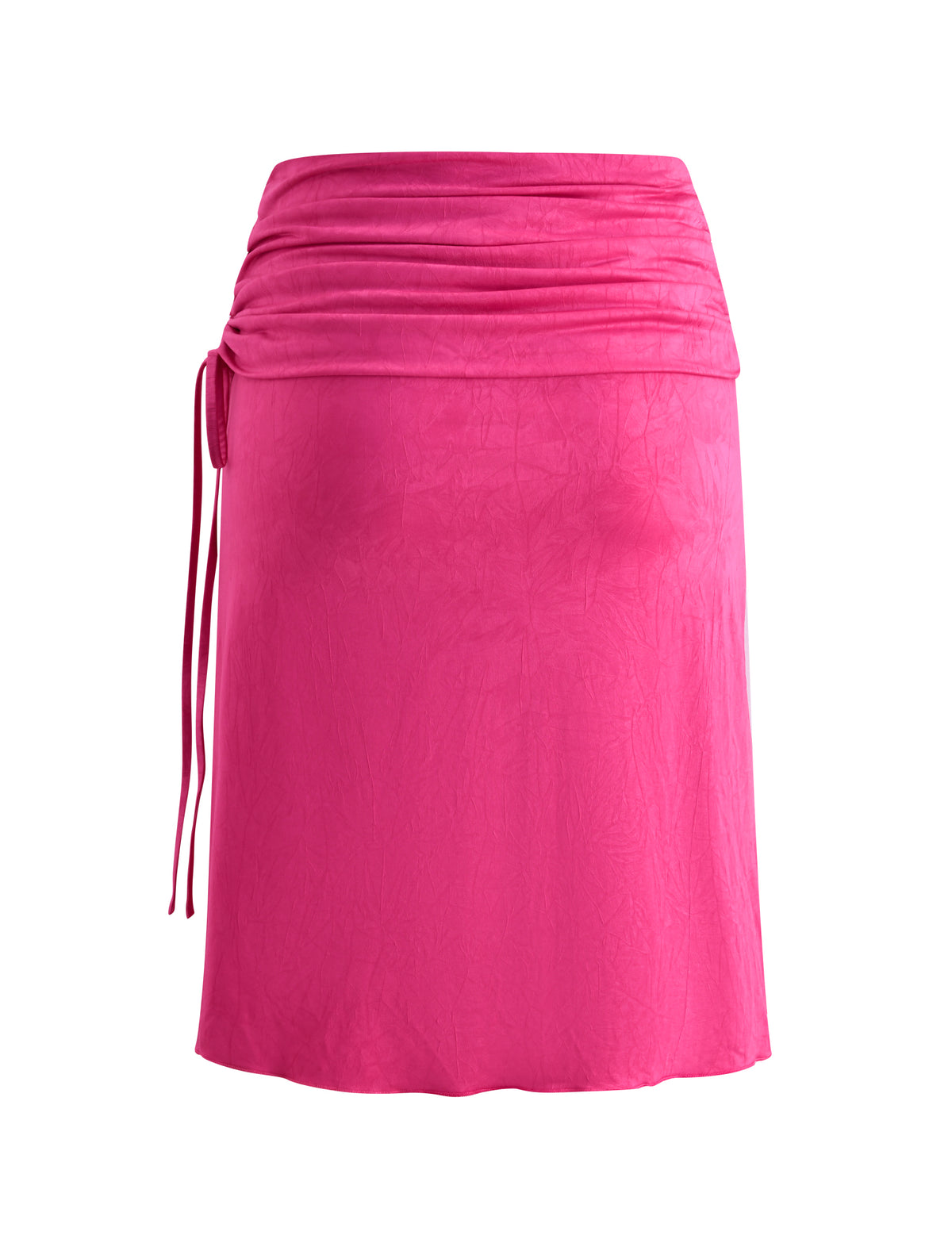 LORELAI MIDI SKIRT - FUCHSIA, a textured midi skirt with a gathered waistband and a side tie detail.