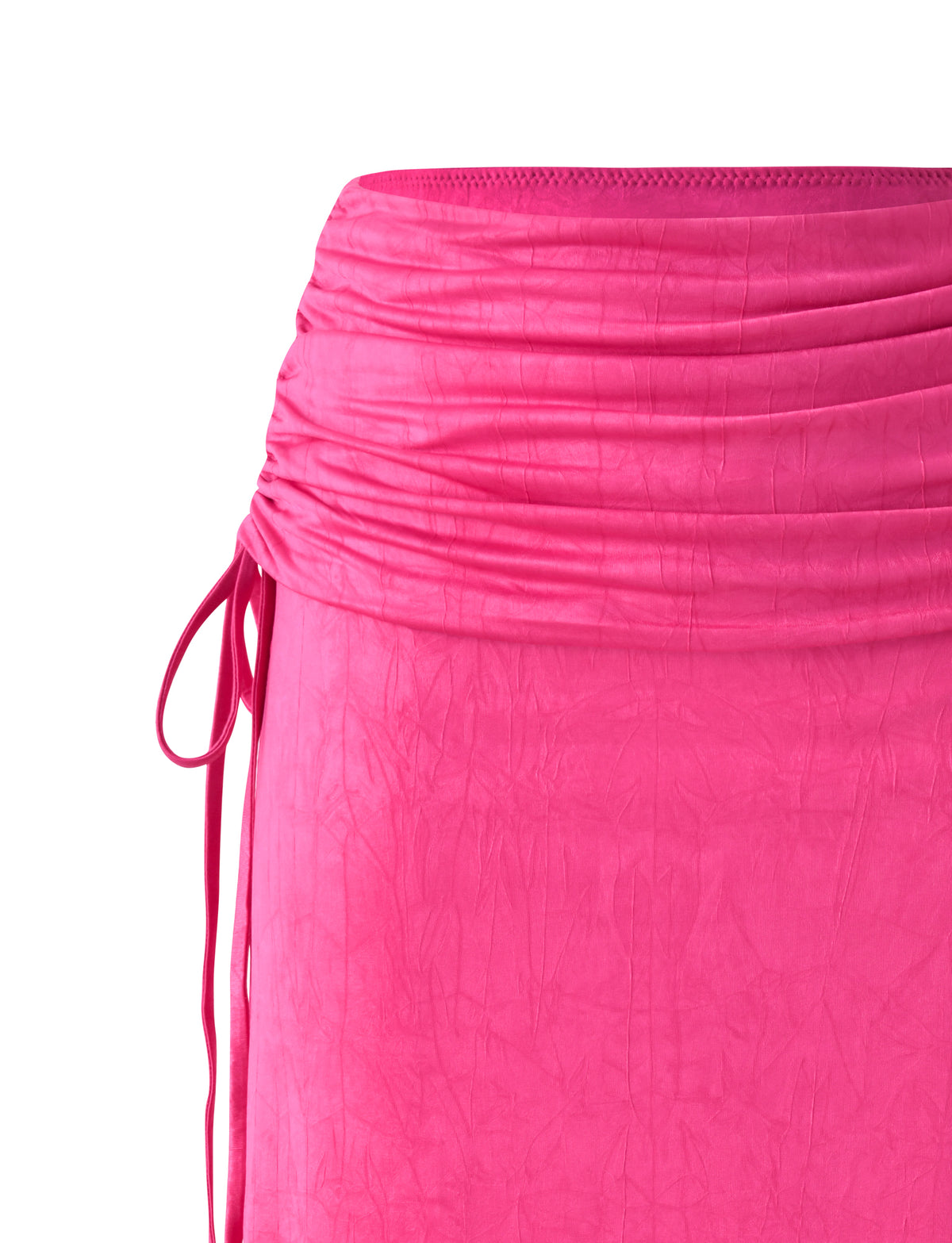 LORELAI MIDI SKIRT - FUCHSIA in fuchsia with a gathered waistband, side drawstring tie, and textured finish.