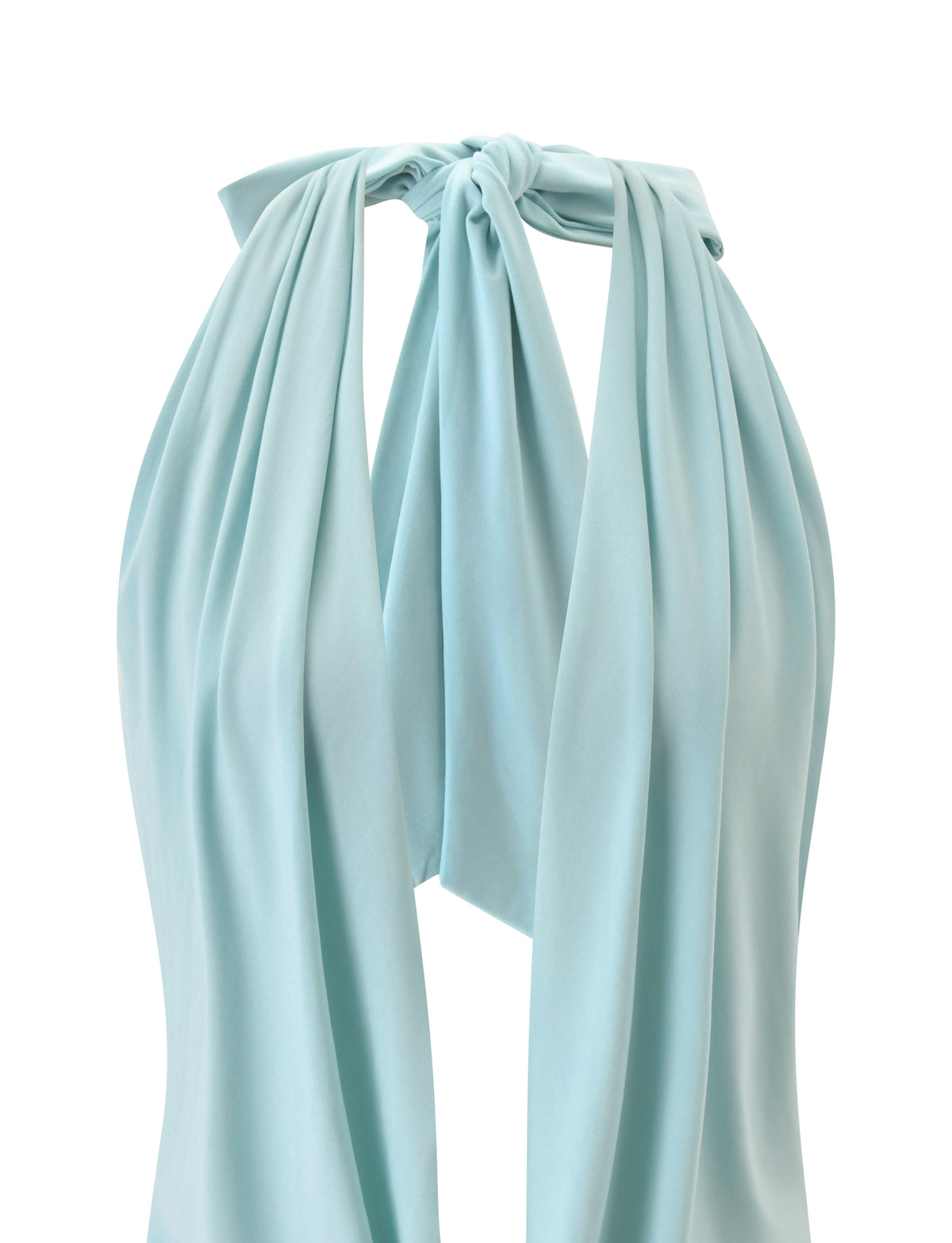 ARETHA MINI DRESS - EGGSHELL BLUE light blue halter mini dress featuring a draped, knotted neckline and a fitted bodycon skirt.
