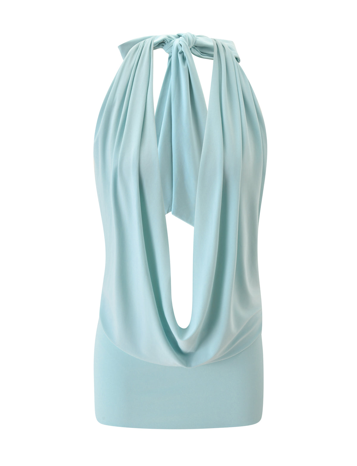 ARETHA MINI DRESS - EGGSHELL BLUE light blue halter mini dress with a draped cowl neckline.