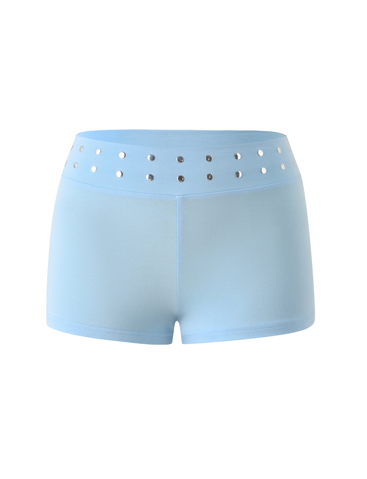 Baby blue NIKOLETTE MICRO SHORT - BABY BLUE micro shorts with a high waistband embellished with two rows of silver studs, designed as a studded mini skirt.