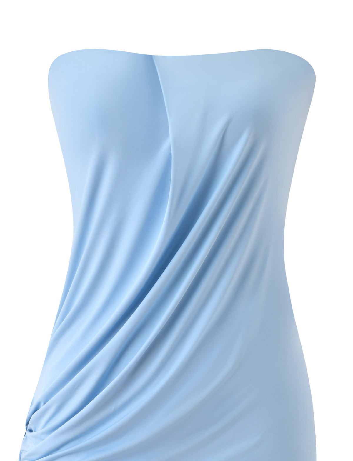 LEIGHTON MINI DRESS - BLUE light blue bandeau mini dress with gathered fabric detailing.