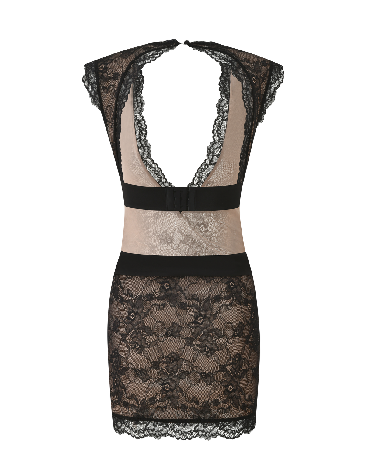 Tiger Mist Aylin Mini Dress in black lace, ghost mannequin back view
