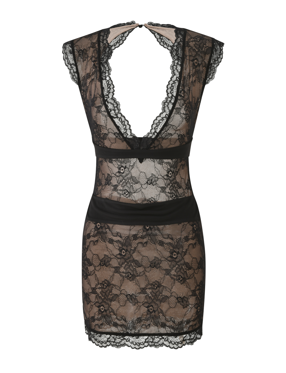 Tiger Mist Aylin Mini Dress in black lace, ghost mannequin front view