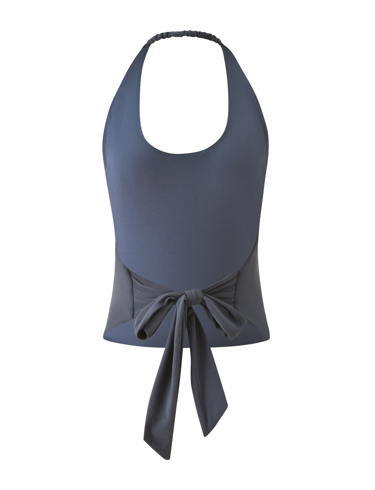 ASPEN TOP - CHARCOAL grey halter neck top with a scoop neckline, an elastic strap, and a tie-front waist.
