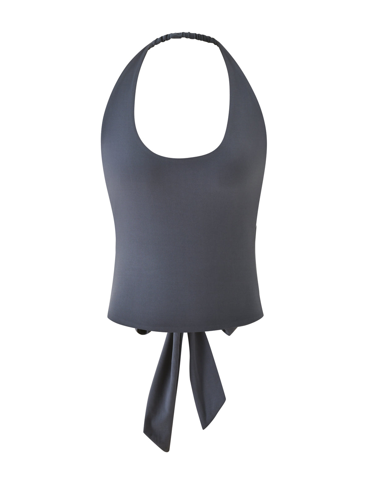 ASPEN TOP - CHARCOAL dark charcoal scoop neck top with a low back, featuring an elastic halter strap and a tie closure at the waist.
