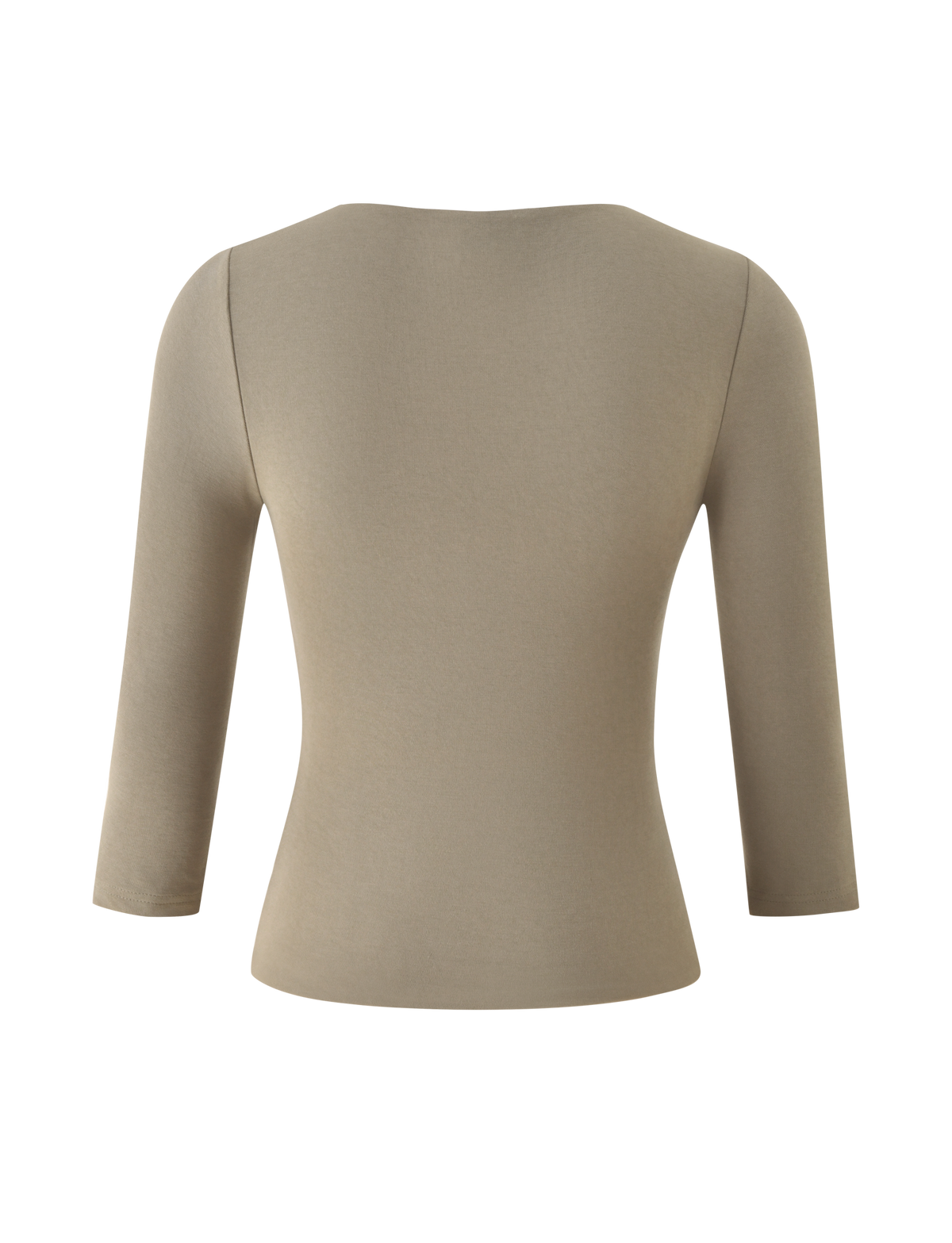 Back view of the KHORA TOP - OLIVE, an olive green cupro top with three-quarter length sleeves and a beaded keyhole cutout.