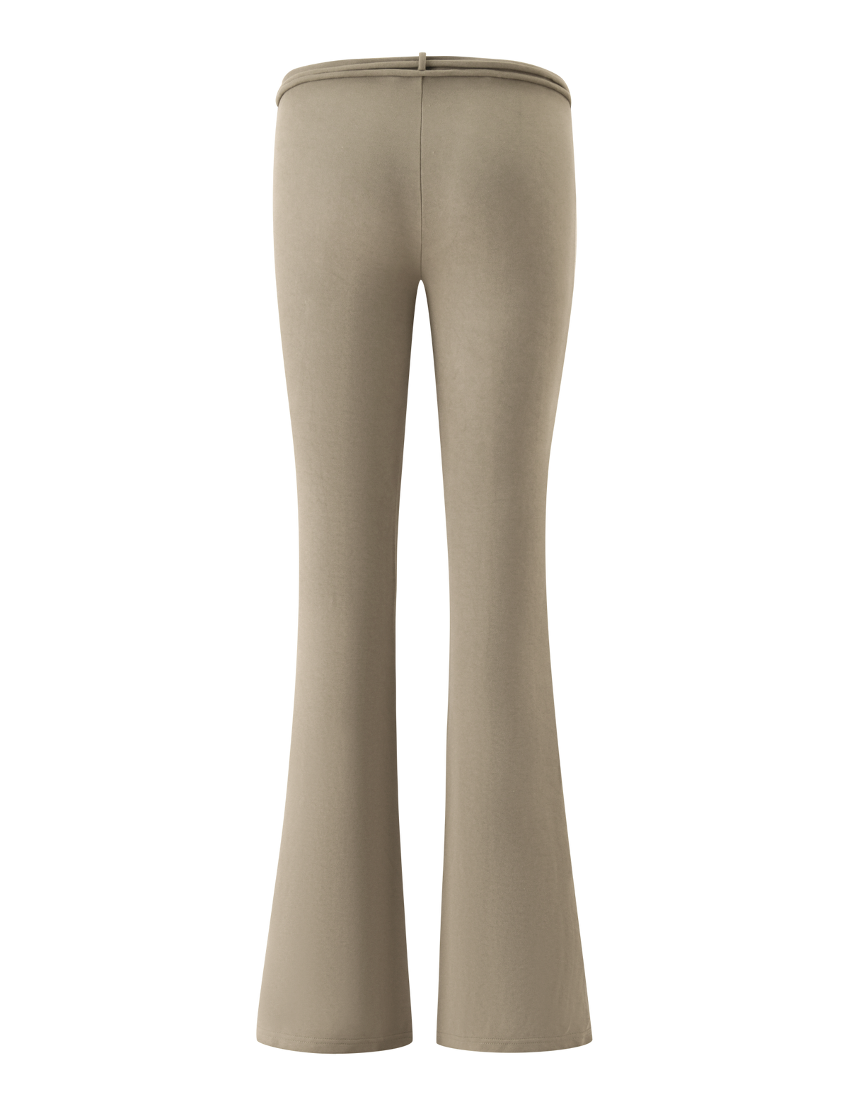 Back view of the olive-colored KHORA PANT - OLIVE, featuring a high-waisted flared cut and a beaded self-belt.