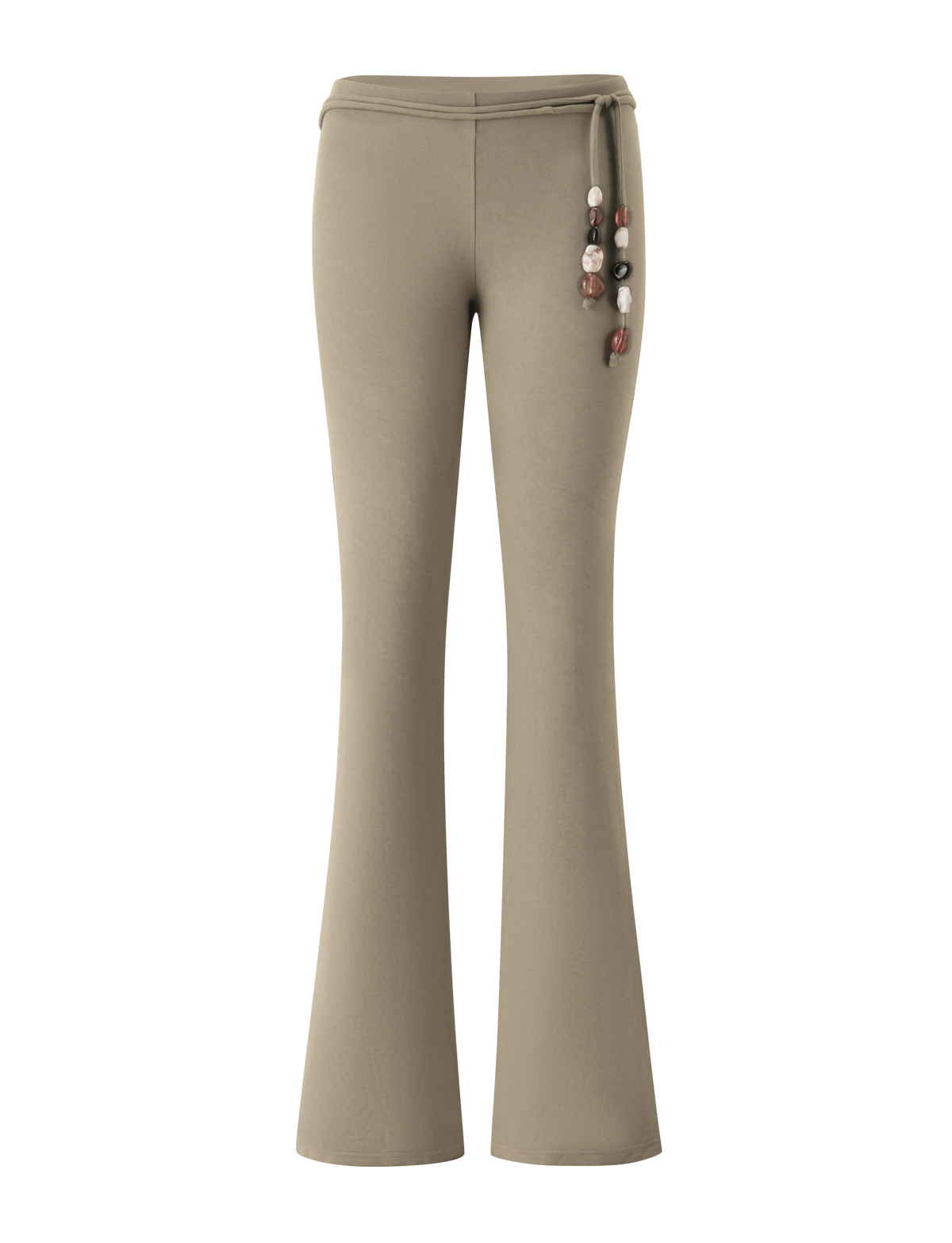 KHORA PANT - OLIVE flared cupro pants in olive, featuring a low-rise waist with a beaded self-belt and dangling decorative beads.