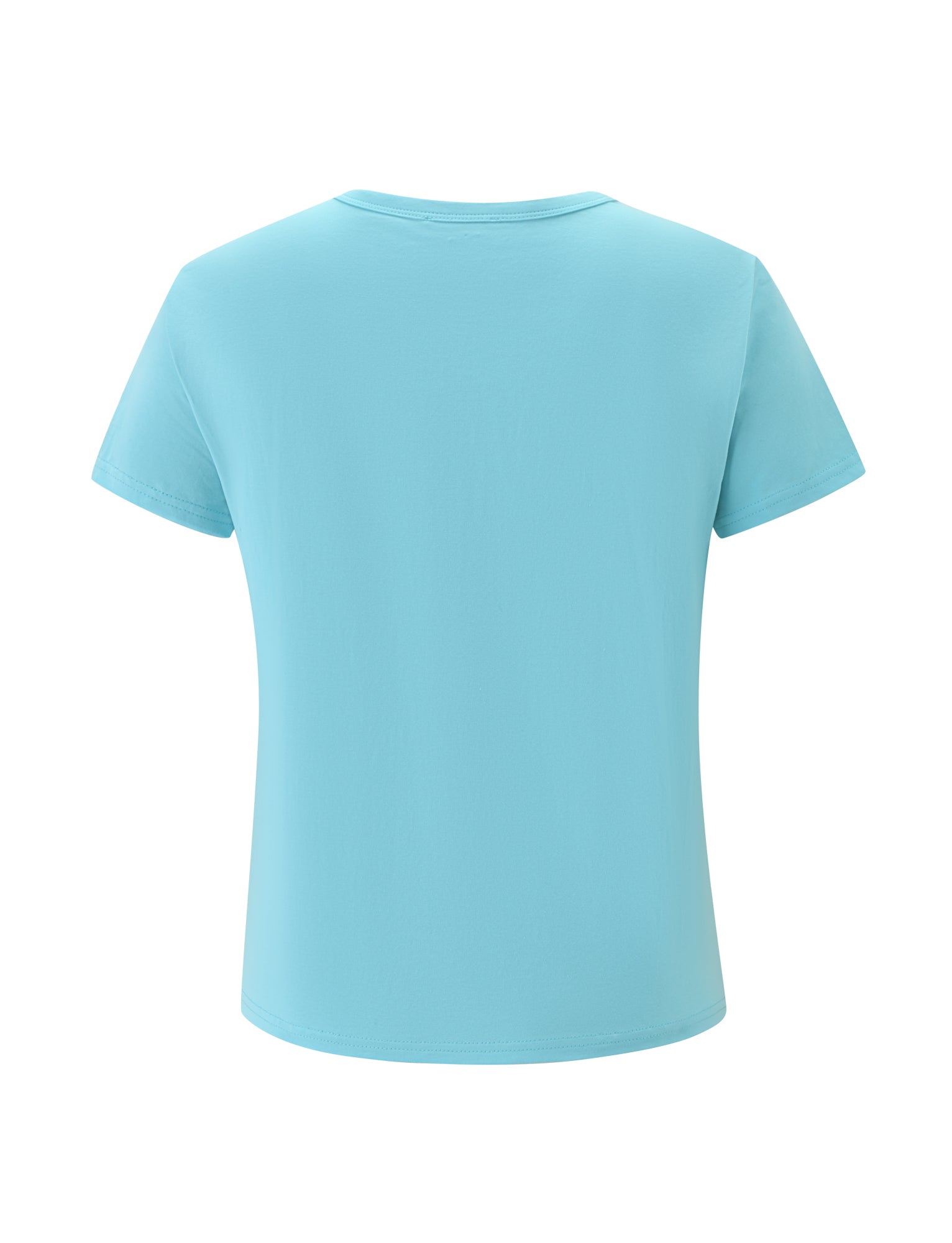 The DANIELLE TEE - TURQUOISE by TIGERMIST, a simple light blue short-sleeve t-shirt with a classic vintage style, is displayed from the back against a white background.