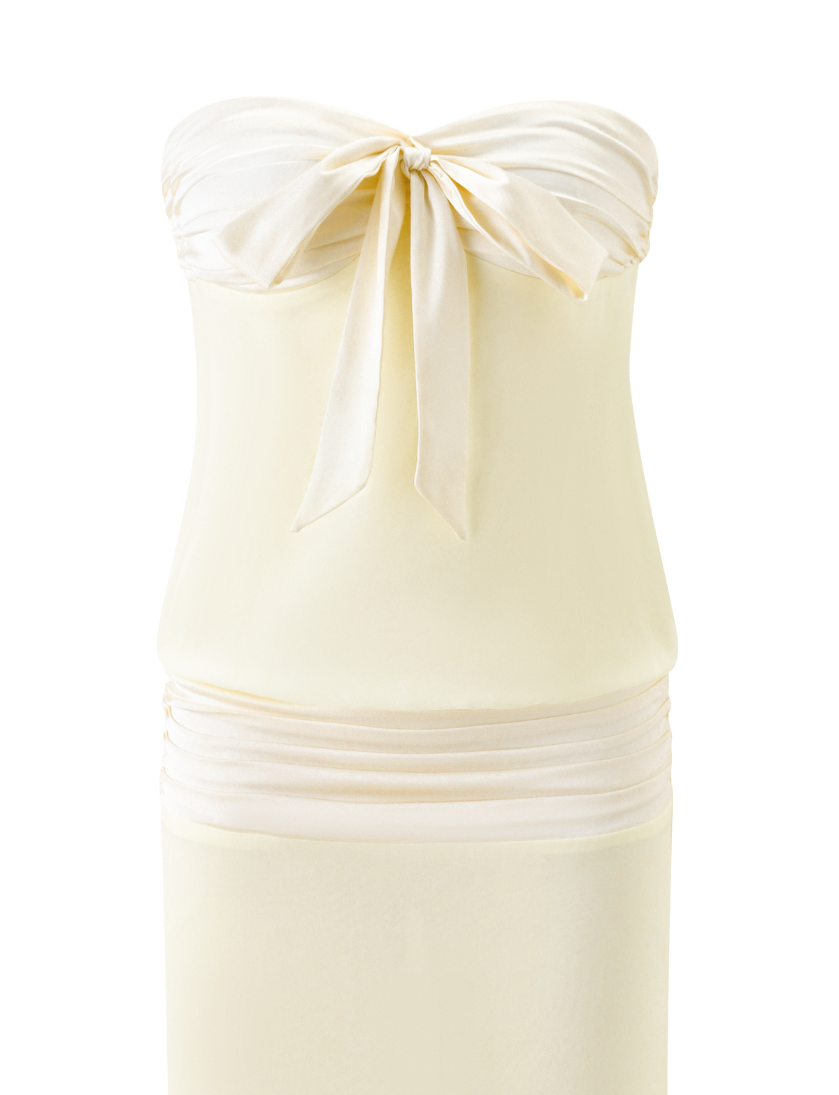Cream-colored LUX MIDI DRESS - CREAM, a strapless midi dress with a sweetheart neckline, bow detail at the bust, and a ruched waistband.