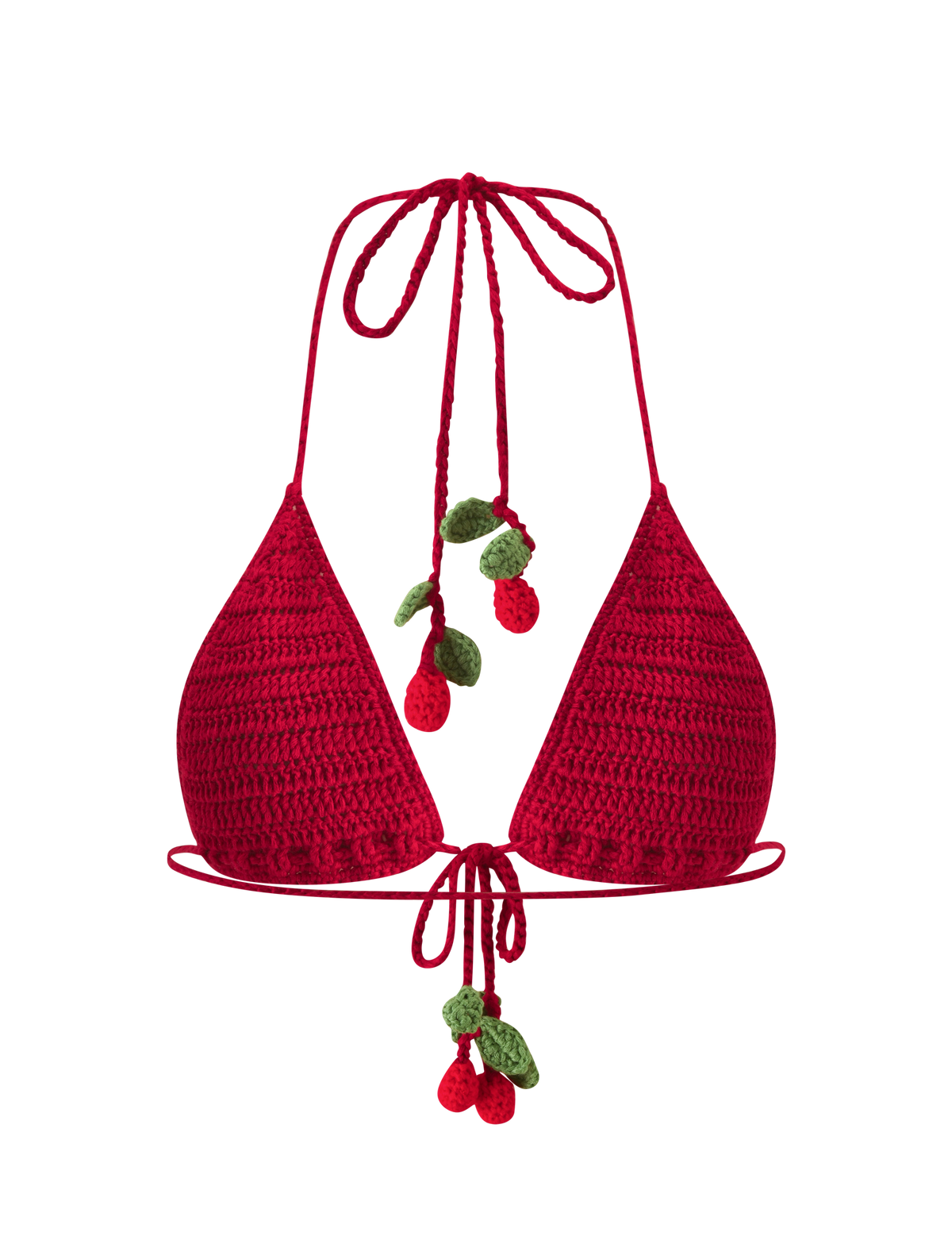 Red CHERRY CROCHET BIKINI TOP - CHERRY featuring dangling cherry-shaped accents on the neck and center ties.