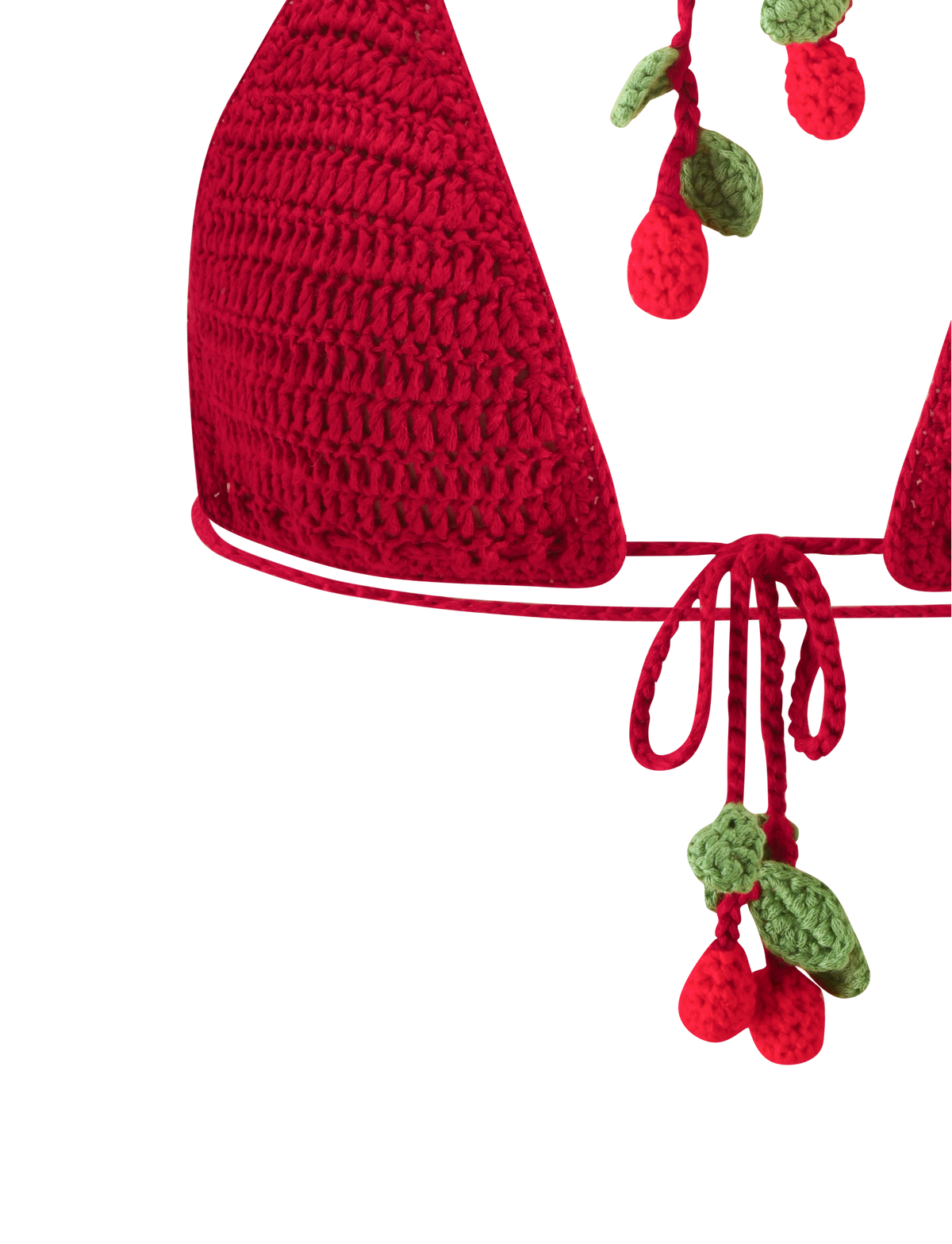 Red CHERRY CROCHET BIKINI TOP - CHERRY featuring a triangle silhouette adorned with dangling cherry charms.