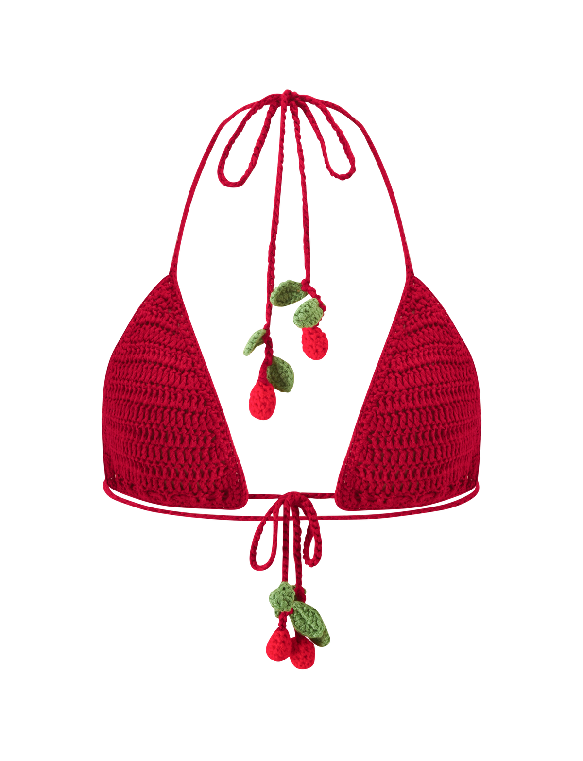 CHERRY CROCHET BIKINI TOP - CHERRY in red, featuring a halter neck and small cherry-shaped charms hanging from the ties.