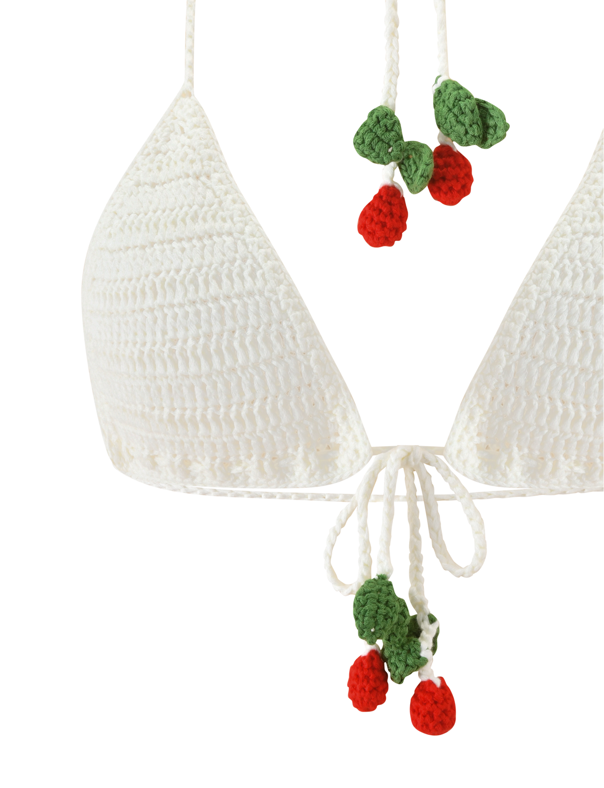 Tiger Mist Cherry Crochet Bikini Top in ivory, ghost mannequin detail view