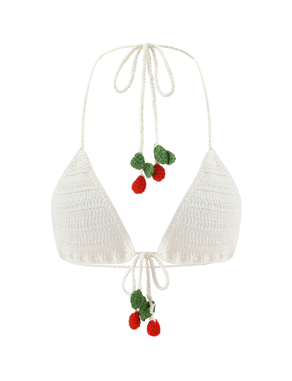 Tiger Mist Cherry Crochet Bikini Top in ivory, ghost mannequin front view