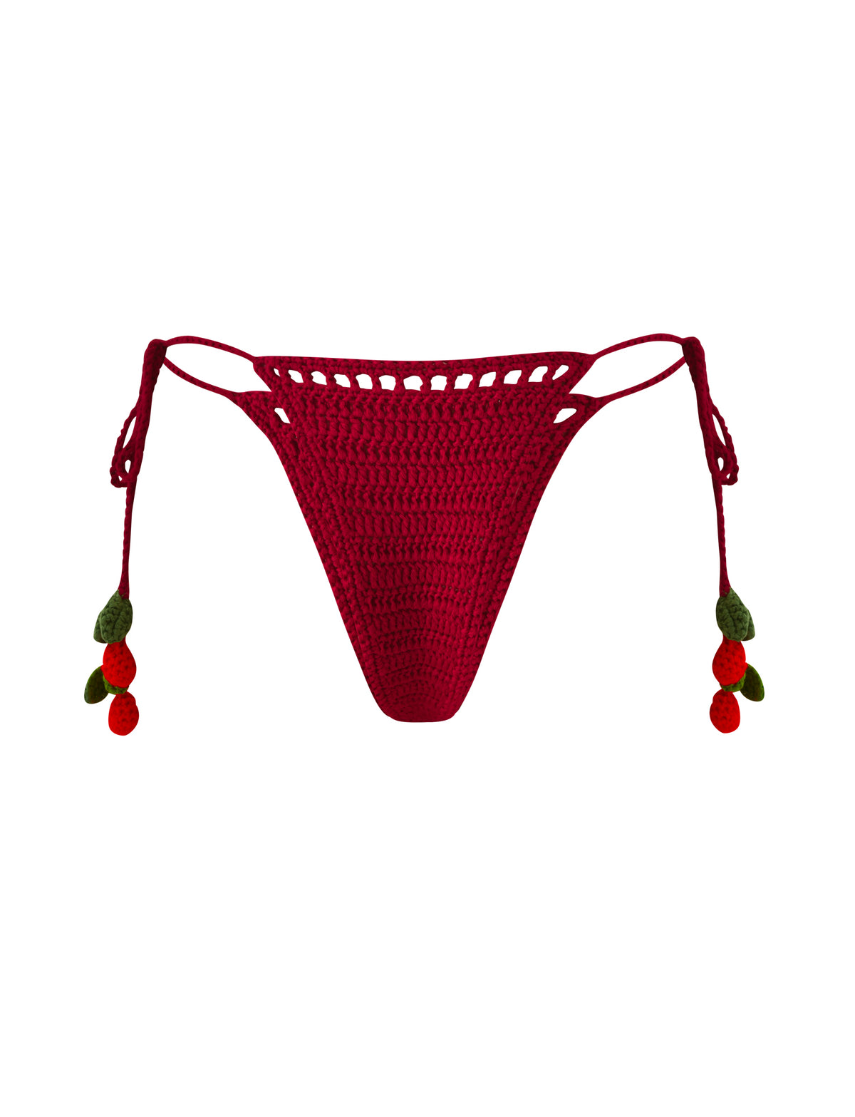 CHERRY CROCHET BIKINI BOTTOM - CHERRY in red, featuring adjustable side ties with cherry-shaped charms.