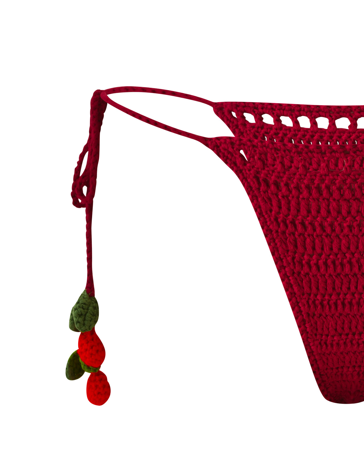 CHERRY CROCHET BIKINI BOTTOM - CHERRY in dark red crochet with adjustable side ties and small dangling cherry-shaped charms.