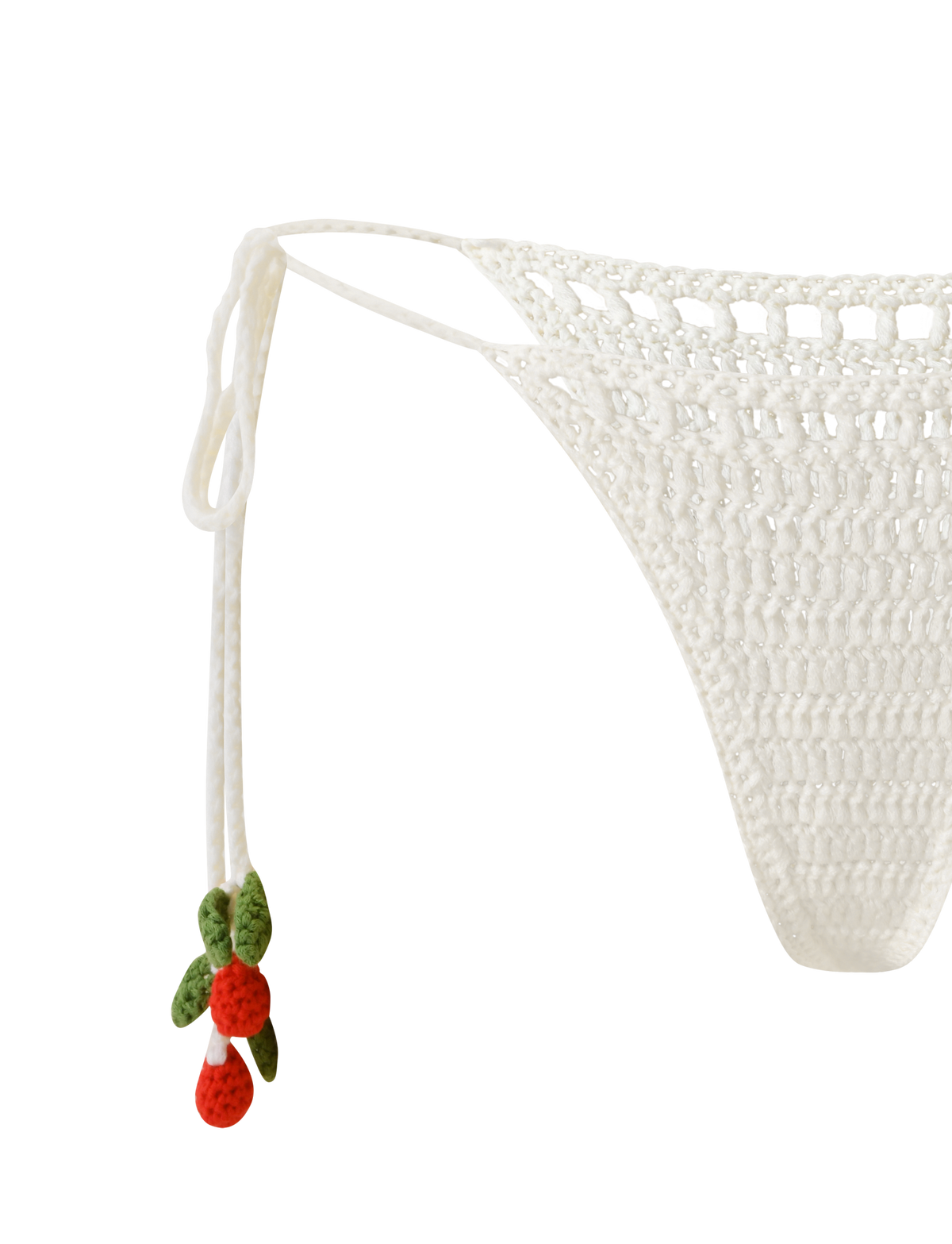 Tiger Mist Cherry Crochet Bikini Bottom in ivory, ghost mannequin detail view